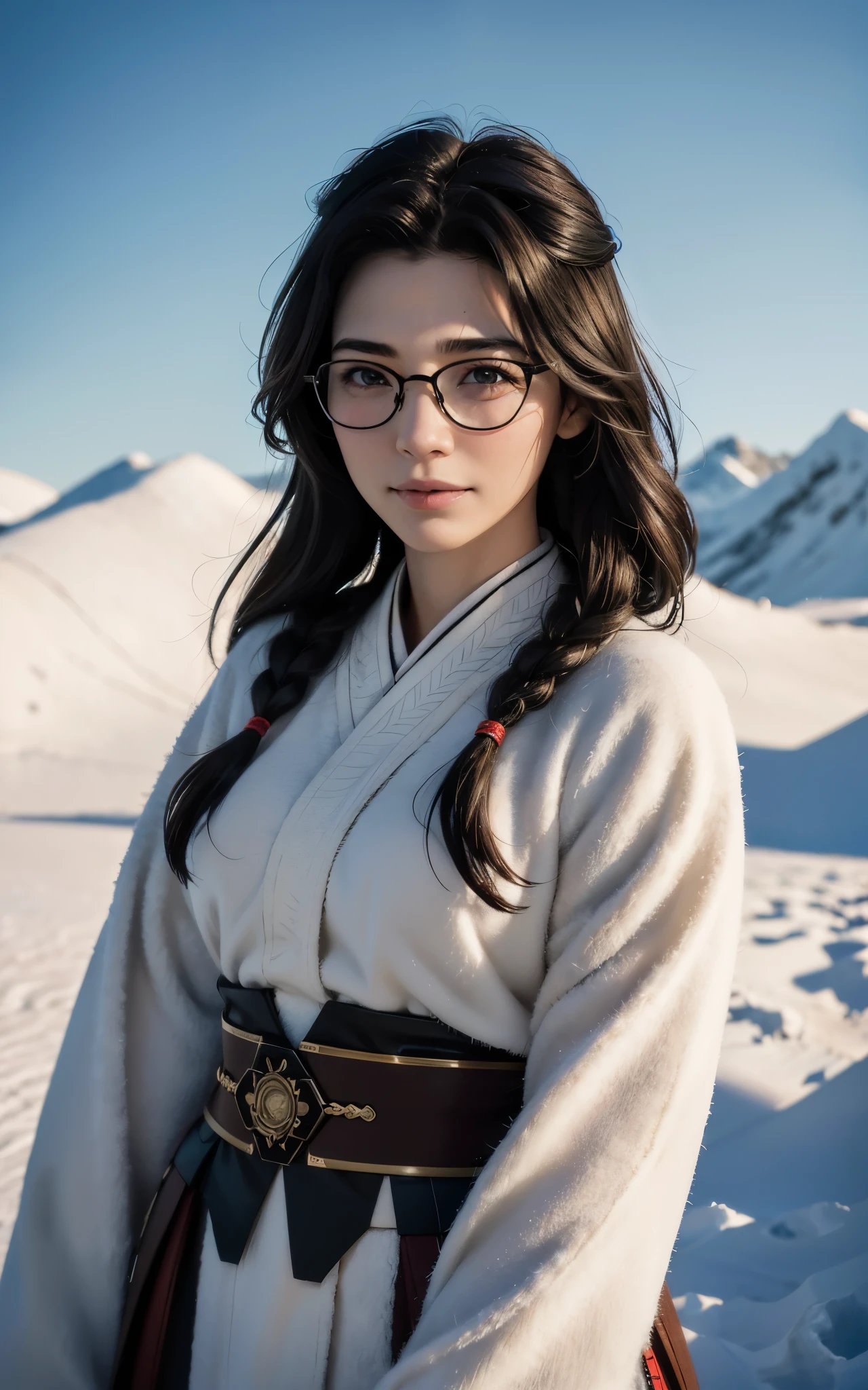 Young ainu woman with the face of (Gal Gadot:Evangeline Lilly), (looking at viewer, light smile, ), brown hair, brown eyes, long hair, hair_flying, Fluttering hair, flying_hair, ((Transparent glasses, glasses, glasses_on_nose)), ((traditional ainu clothes)), sexy, charming, stunning, enhance, delicate, (pale skin, real_skin), sunlight, Winter, snow, Hokkaido, outdoor, best quality, high quality, highres, 8k, photo realistic.