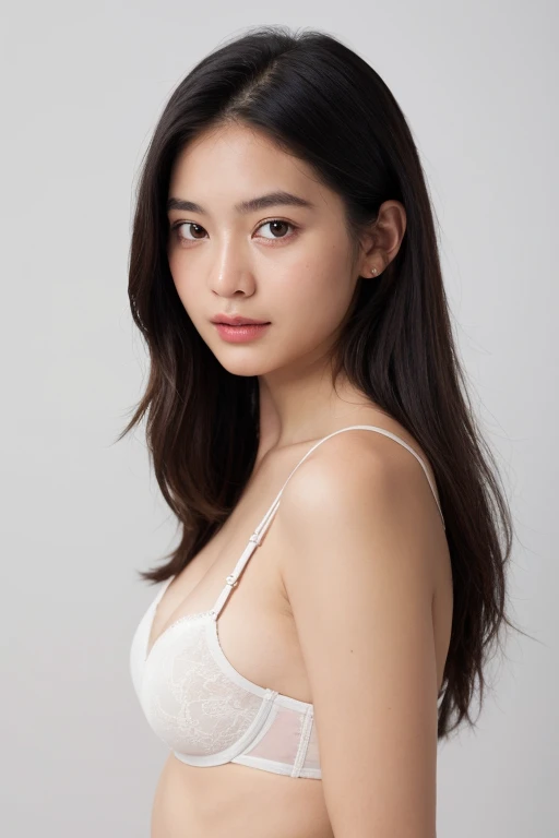 woman, look at viewer, oval face shape, portrait, bra, white background, simple background, half body shot