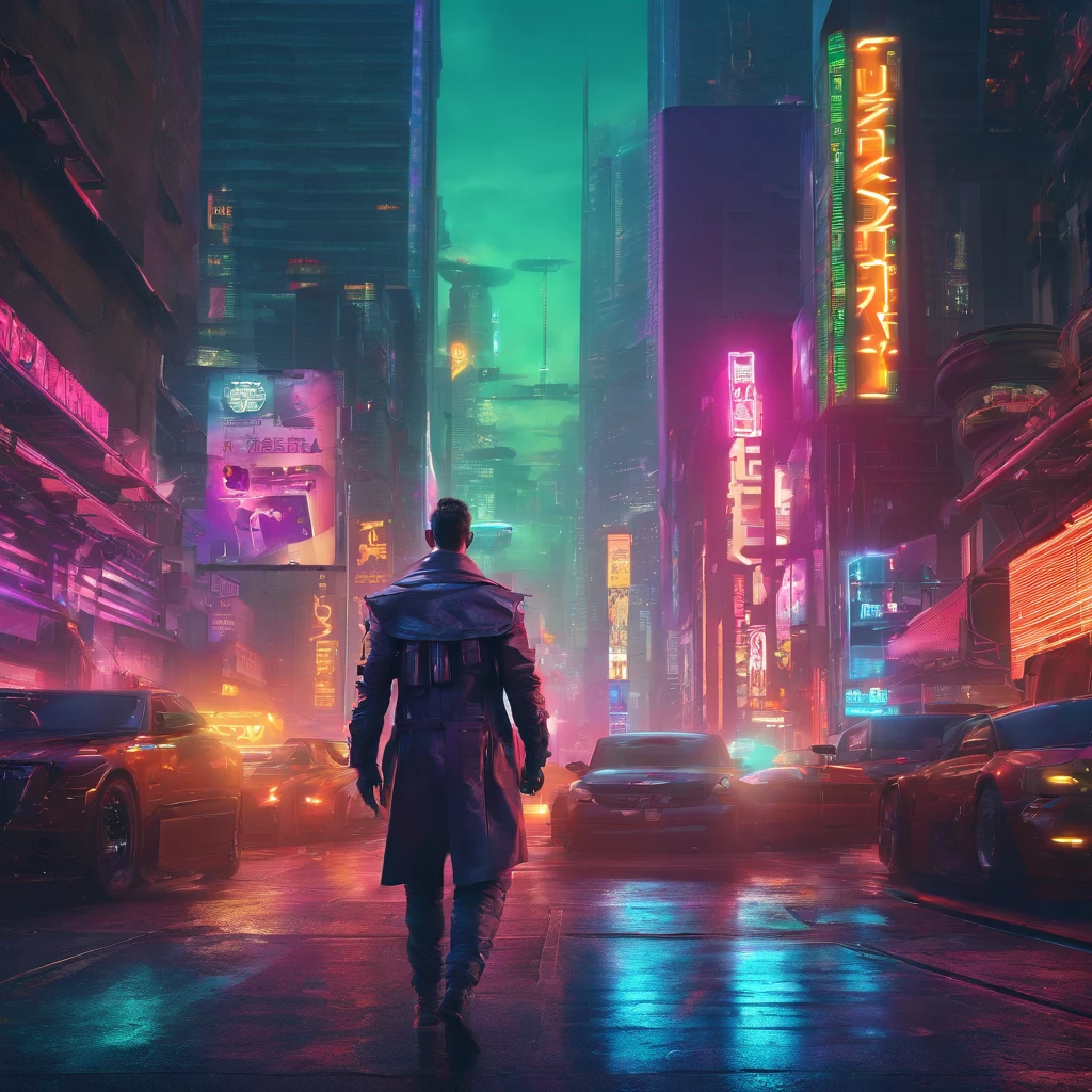 realistic depiction of a cyberpunk man walking towards the camera, with a strong and confident stride, wearing a futuristic trench coat, cybernetic enhancements visible on his arms and face, and a cityscape with towering neon-lit buildings in the background, (dystopian:1.2), (gritty and industrial setting), (dynamic lighting), (attention to realistic details) smoking