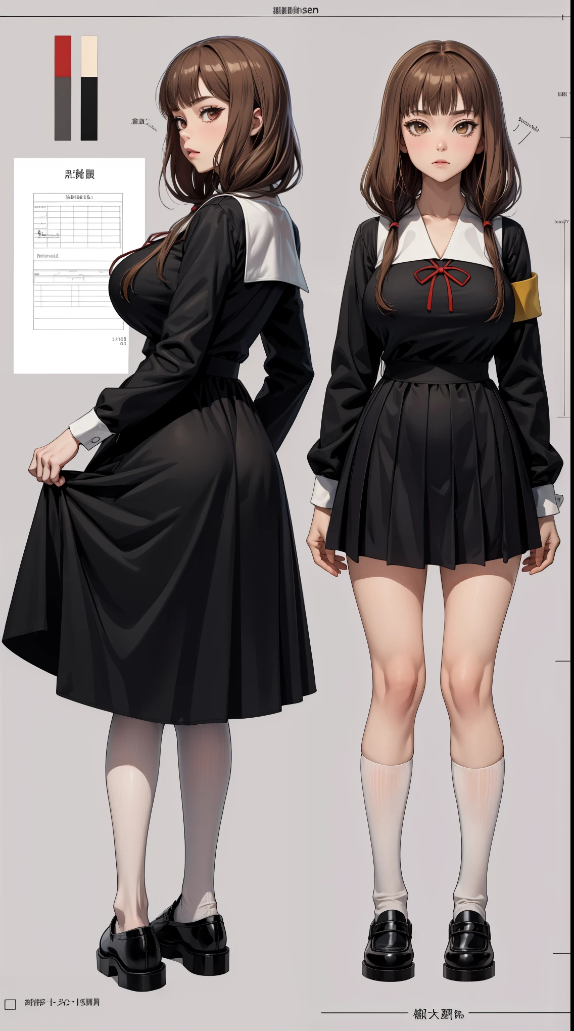 girl, solo, full body, from head to toe, standing, (Huge_Breasts:1.3),

Character Design Sheet, character reference sheet, character turn around,

mikoso,shuuchiin academy school uniform,school uniform,dress,black dress,long sleeves,ribbon,red ribbon,pantyhose,black pantyhose,loafers,