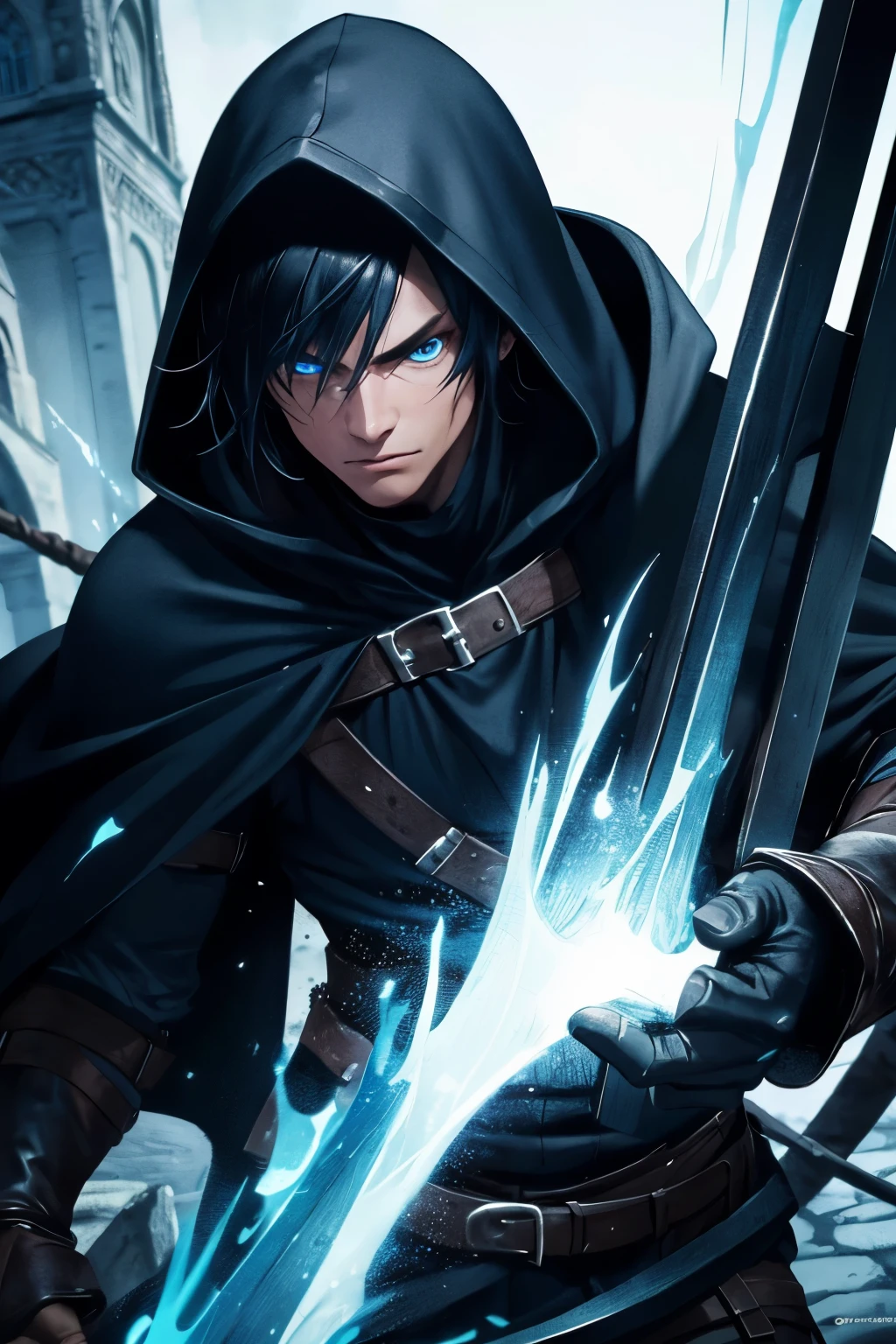 (extremely detailed 8k wallpaper), a medium shot of a fearful rogue, male, male focus, black hair, blue eyes, black clothing, hooded, medieval, intricate, high detail,