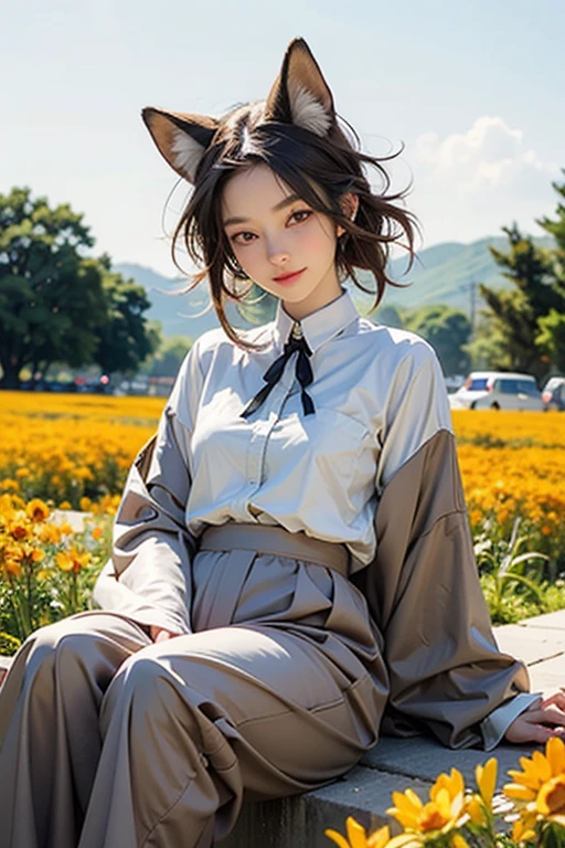 Fox, (monster girl), long brown ears with dark brown insides, brown fur, sunburned neck fluff, Fluffy brown tail with a tan tip, big brown eyes, wears modest clothes, sitting in a flower field, masterpiece, highest quality