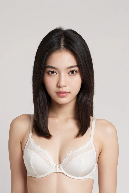 woman, look at viewer, oval face shape, portrait, bra, white background, simple background, full body shot