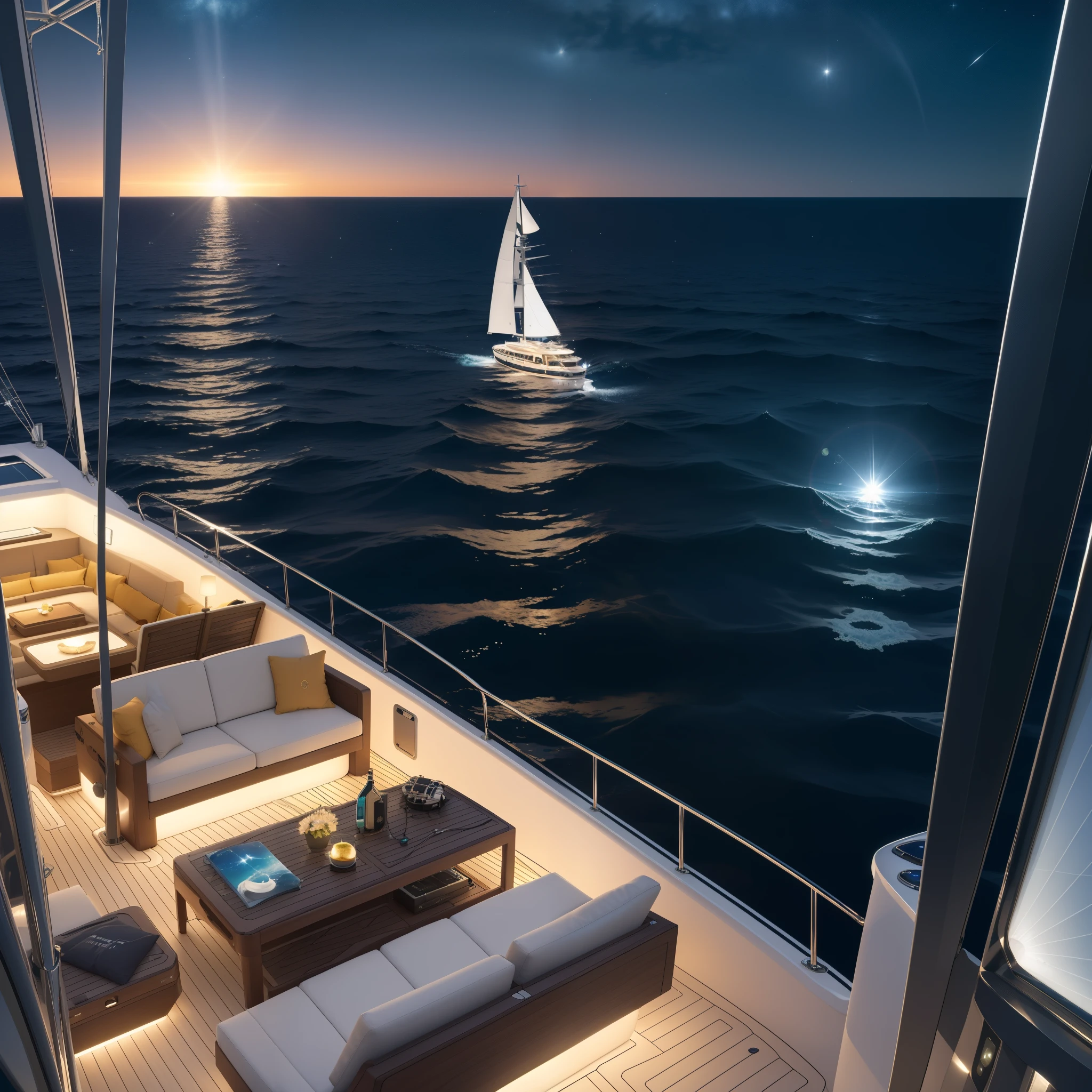 music sonar, ocean headphones, in a 5 star rated luxury condo that belongs to the righteous, sailing on a giant yacht, shinny light through the beautiful night sky. chronicles of superwisdom movie quality, primordial solar, all frames match