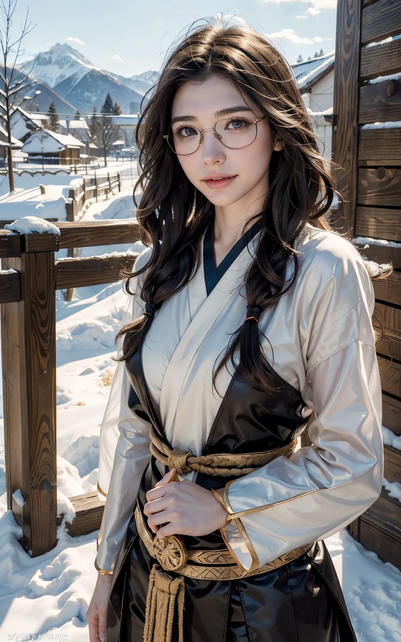 Young ainu woman with the face of (Gal Gadot:Evangeline Lilly), (looking at viewer, light smile, ), brown hair, brown eyes, long hair, hair_flying, Fluttering hair, flying_hair, ((Transparent glasses, glasses, glasses_on_nose)), ((traditional ainu clothes)), sexy, charming, stunning, enhance, delicate, (pale skin, real_skin), sunlight, Winter, snow, Hokkaido, outdoor, best quality, high quality, highres, 8k, photo realistic.