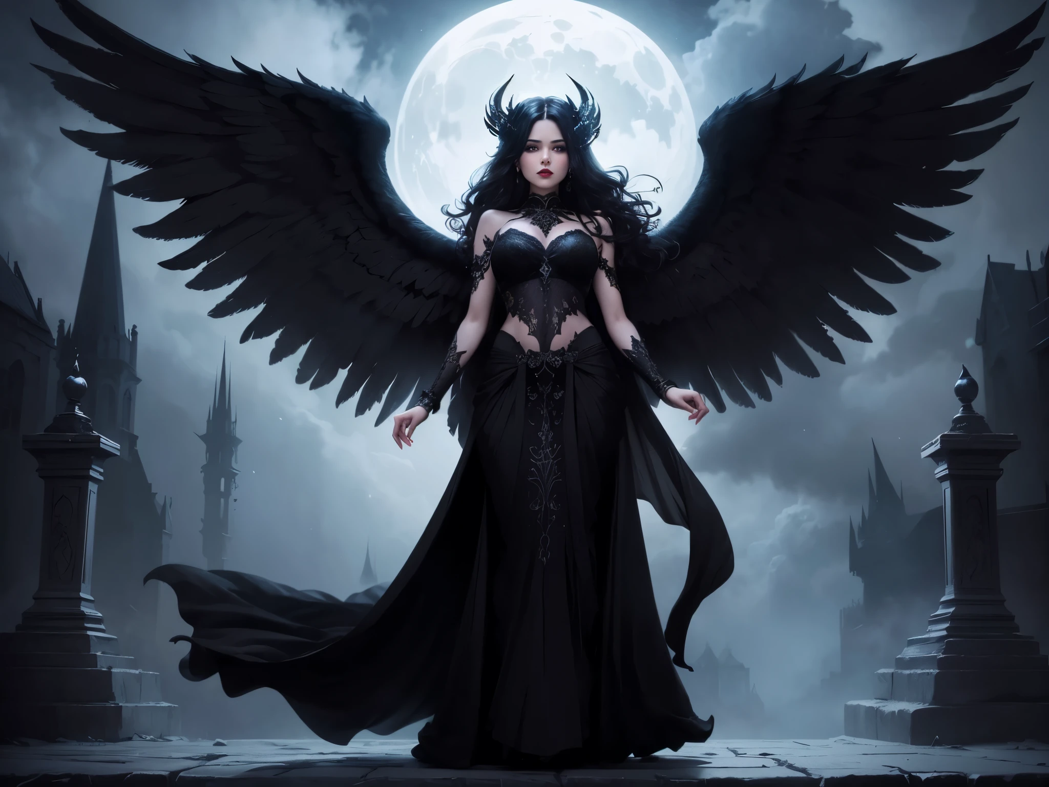 high quality, 8K Ultra HD, In the abyssal heart of enchantment, behold the ominous presence of the Dark Angel, crafted with audacious otherworldly finesse, Standing amidst the haunting shadows of a infernal castle, she is accompanied by a resplendent black creature, a mythical sentinel born from the very essence of nightmares, Its coat absorbs the eerie brilliance of spectral moonlight, embodying the darkness with an ethereal grace, With eyes reflecting the torment of epochs, ((red lips)), the celestial herald proudly stands by the Dark Angel's side, forging a haunting duo in the infernal tapestry,　heir presence unfolds like a macabre symphony of ethereal radiance, the Dark Angel soaring with the bold grace of infernal majesty, by yukisakura, high detailed, (((wearing a black saree)))