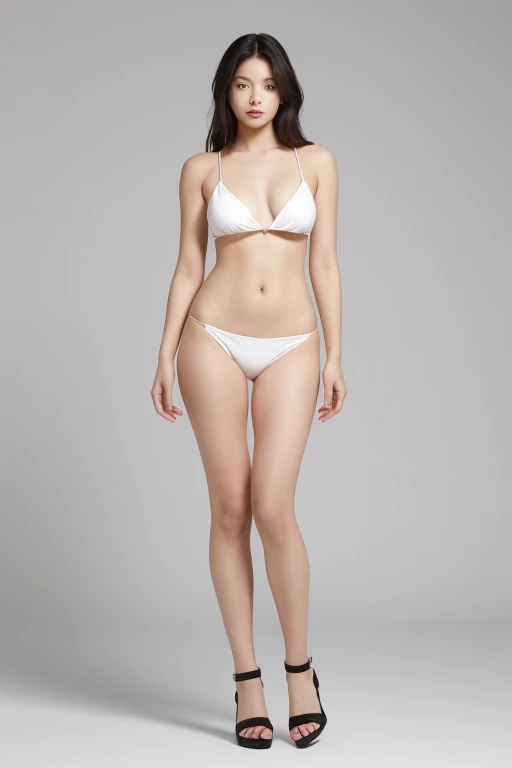 woman, look at viewer, oval face shape, portrait, bikini, high heel, white background, simple background, full body shot