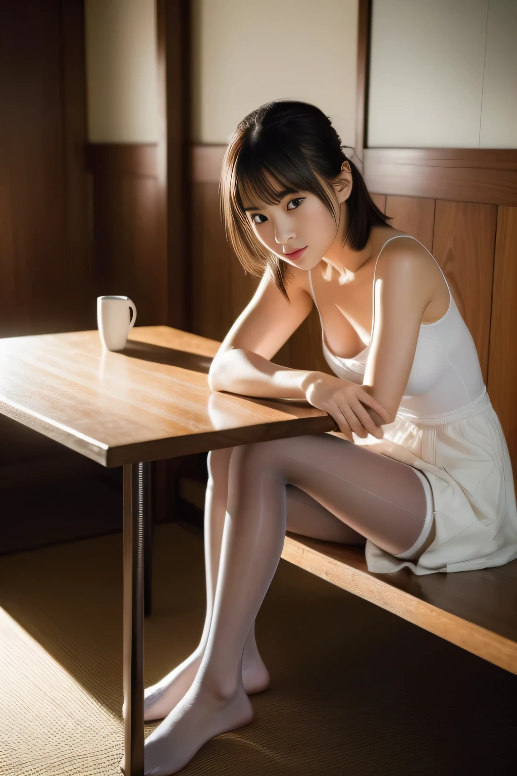 (RAW photo:1.2, Photoreal:1.4), beautiful detailed girl, Highly detailed black eyes, japanese woman, that'ridiculous, 信じられないほどridiculous,18-year-old ,stylish , (High resolution, very detailed, highest quality, table top), healthy body, ((Japan Girls' High School)),spring , Bruise,(perfect anatomy,beautiful limbs), I am fascinated by men.,Idol , wonderful, Huge , table top, highest quality,Gravure photography , light shines on your face, cinematic lighting, 1 girl,like々beauty , ((Artistic)), ((dynamic pose))), (pantyhose), (sit with both knees bent))