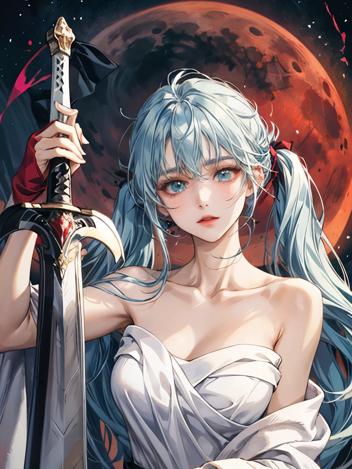 light blue hair, very long hair with pigtails , The Perfect Face, Holding a large sword in hand, Clear skies, heart eyes, pretty girl, Put on a white towel,  clavicle, Cool pose,  Heterochromia, mature face ,  Clear picture, red moon