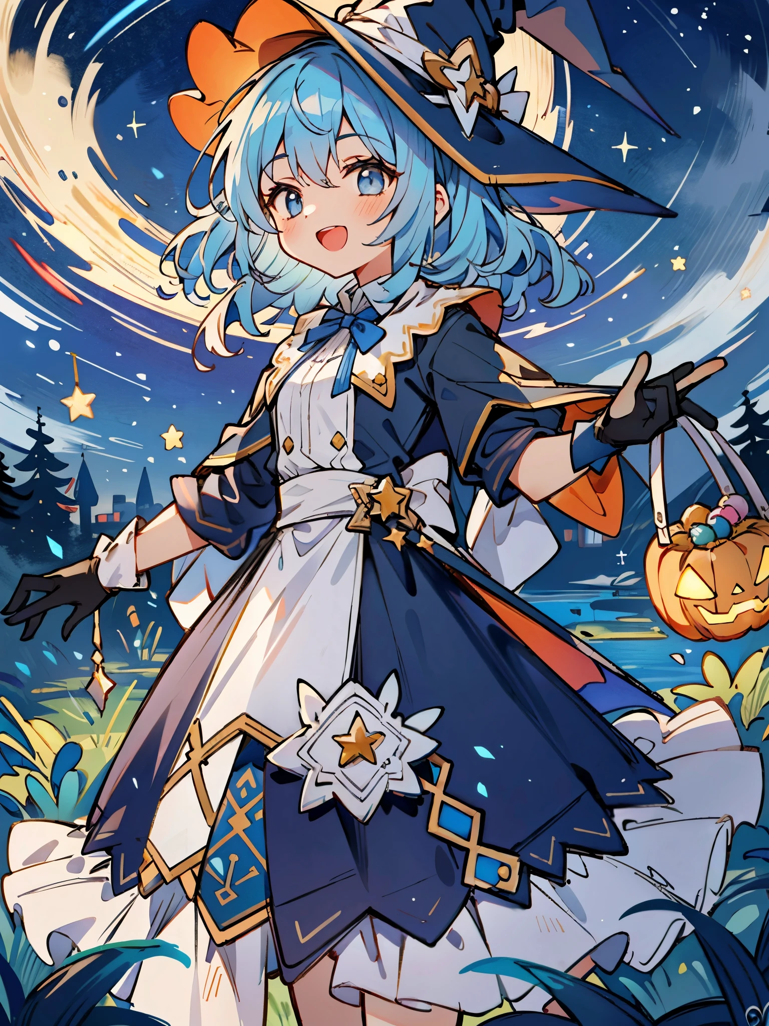 ((masterpiece:1.2, best quality)), 1girl, solo, (witch hat), a close up of a girl with curly hair, dress, aurora, night, star (sky), gloves, sky, dress, night sky, open mouth, starry sky, light blue eyes, ribbons, smile, cape, blue hair, magic, casting spell, night, (impressionism:1.4), alphonse mucha, Halloween colors, colorful candy