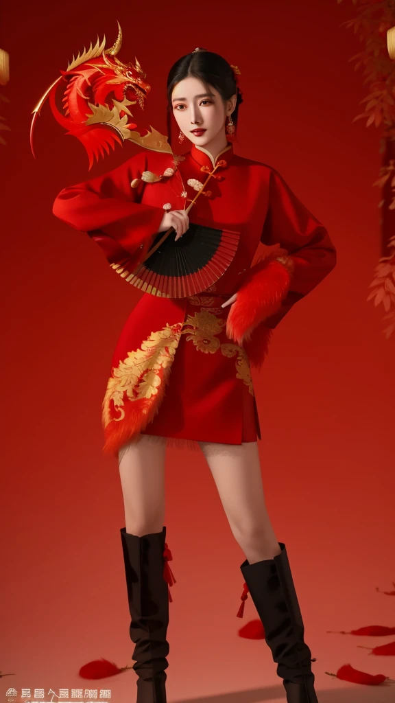 araffe dressed in a red outfit holding a fan and a red dragon, full body xianxia, trending on cgstation, trending at cgstation, wearing a red cheongsam, cai xukun, inspired by Pu Hua, inspired by Wang Meng, sha xi, zhongli from genshin impact, chinese costume, inspired by Gong Xian