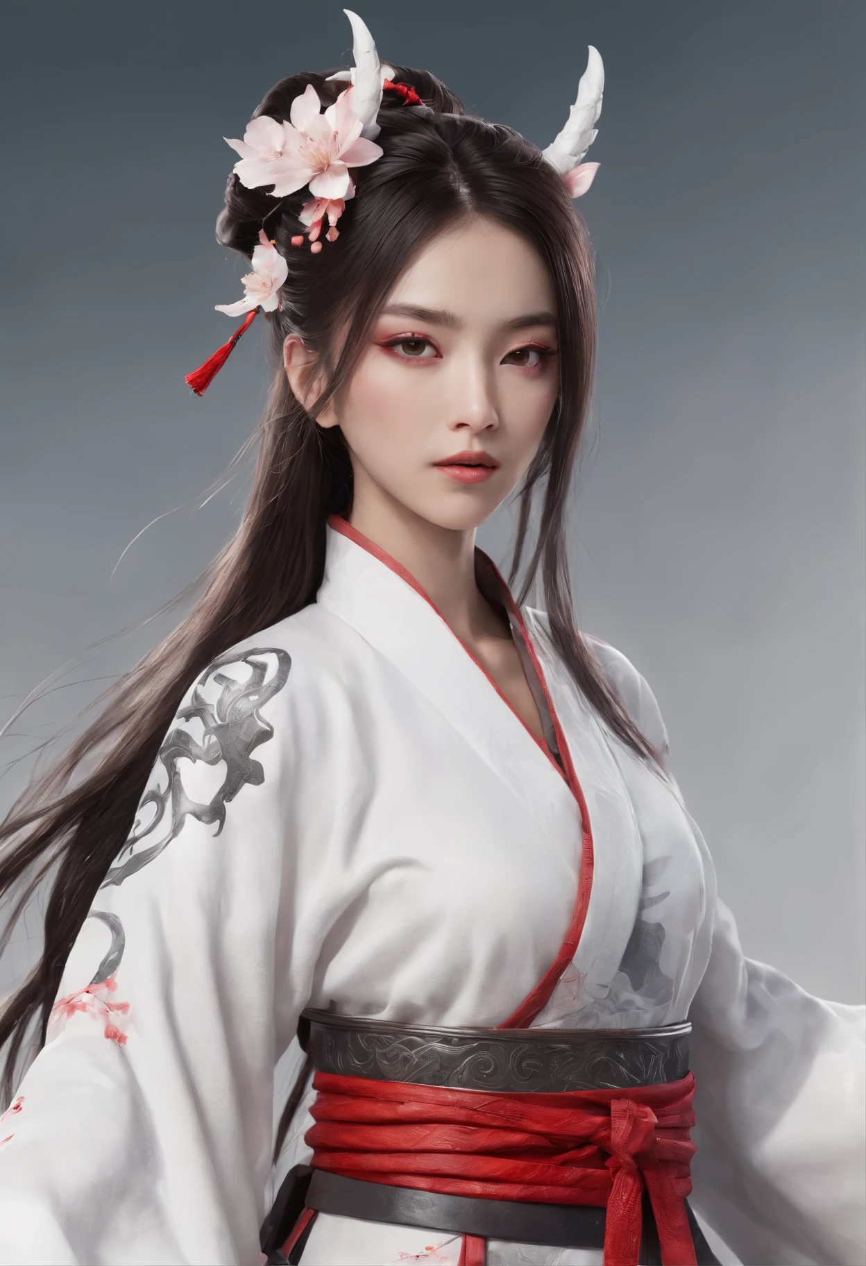 Luna Freya Knox Frey，High-tech dragon knight mech，mechanically aesthetic，Virtual Engine 5，rendering by octane，hyper HD，动态照明，art  stations，poster for，Volumetriclighting，Very detailed faces，4k wallpapers，He has a delicate and beautiful face，long hair flowing，horse tailed，Fringed Hair Ornament，Dynamic perspective，White Hanfu，White gauze flying，red waistband，Sexy，Tradition Chinese Ink Painting，Surrounded by clouds，cherry blossom，fog atmosphere，Ride a white dragon，White dragon horn，dynamic viewing angle，电影灯光