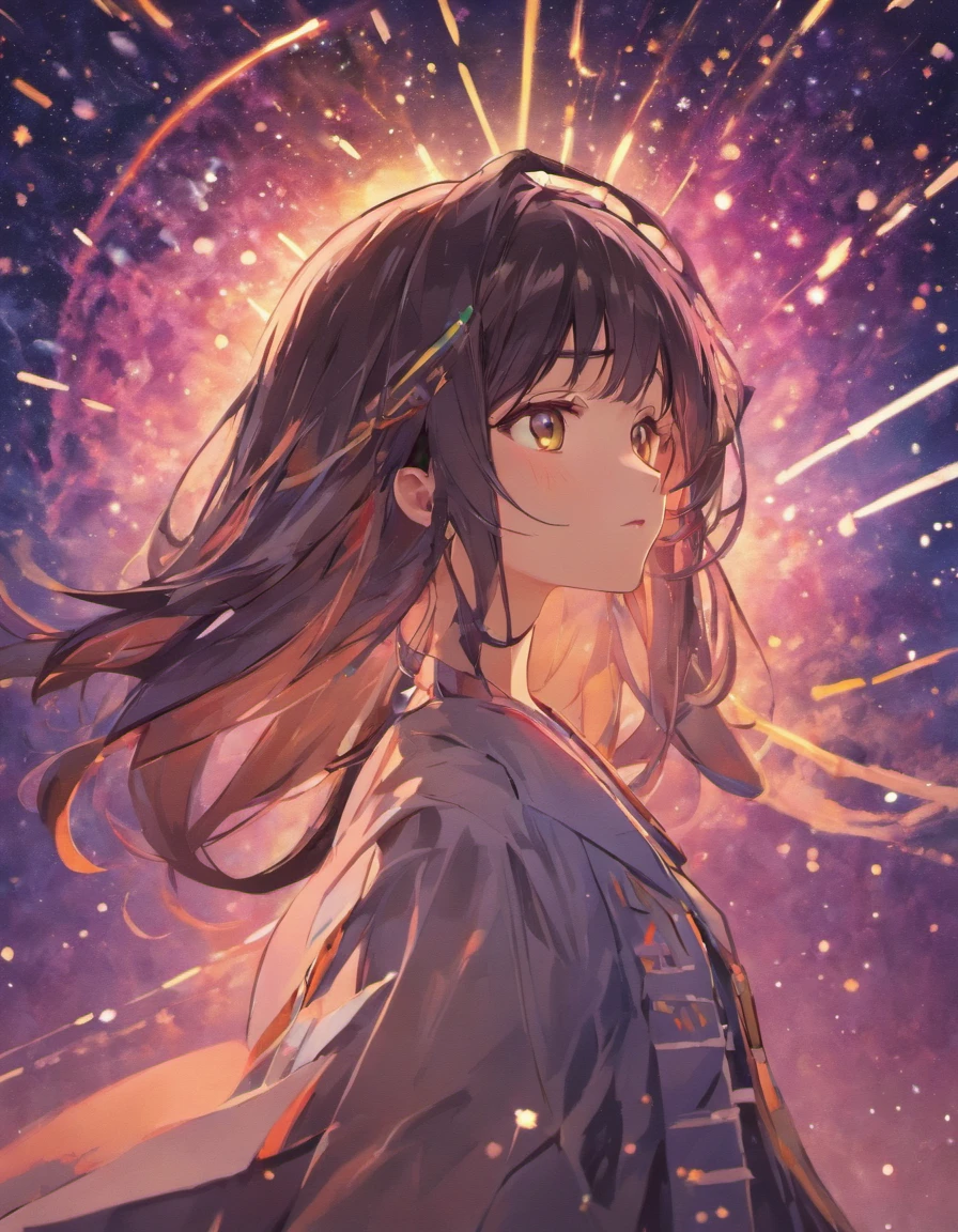 Garota bonita, cabelo preto, rosto bonito, I look like the galaxy, starry sky theme