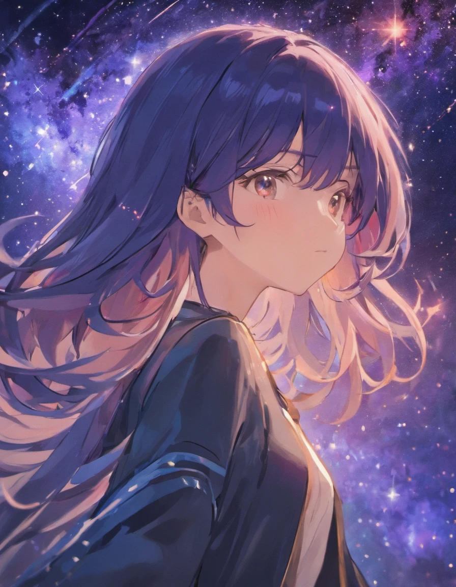 Garota bonita, cabelo preto, rosto bonito, I look like the galaxy, starry sky theme