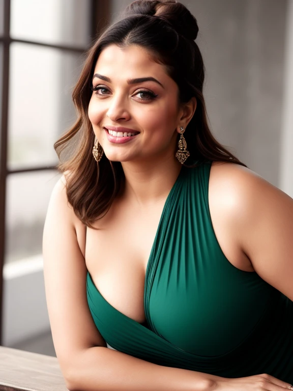 Single pic of sexy aishwarya rai, perfect breasts, sweat on body, chubby cheeks, seductive face ,one shoulder bodycon Midi dress pink,,Cute smile, blonde bun hair, (green eyes:0.8), cute young face, (cinematic:1.3), intricate details, (ArtStation:1.2), laying flat on table