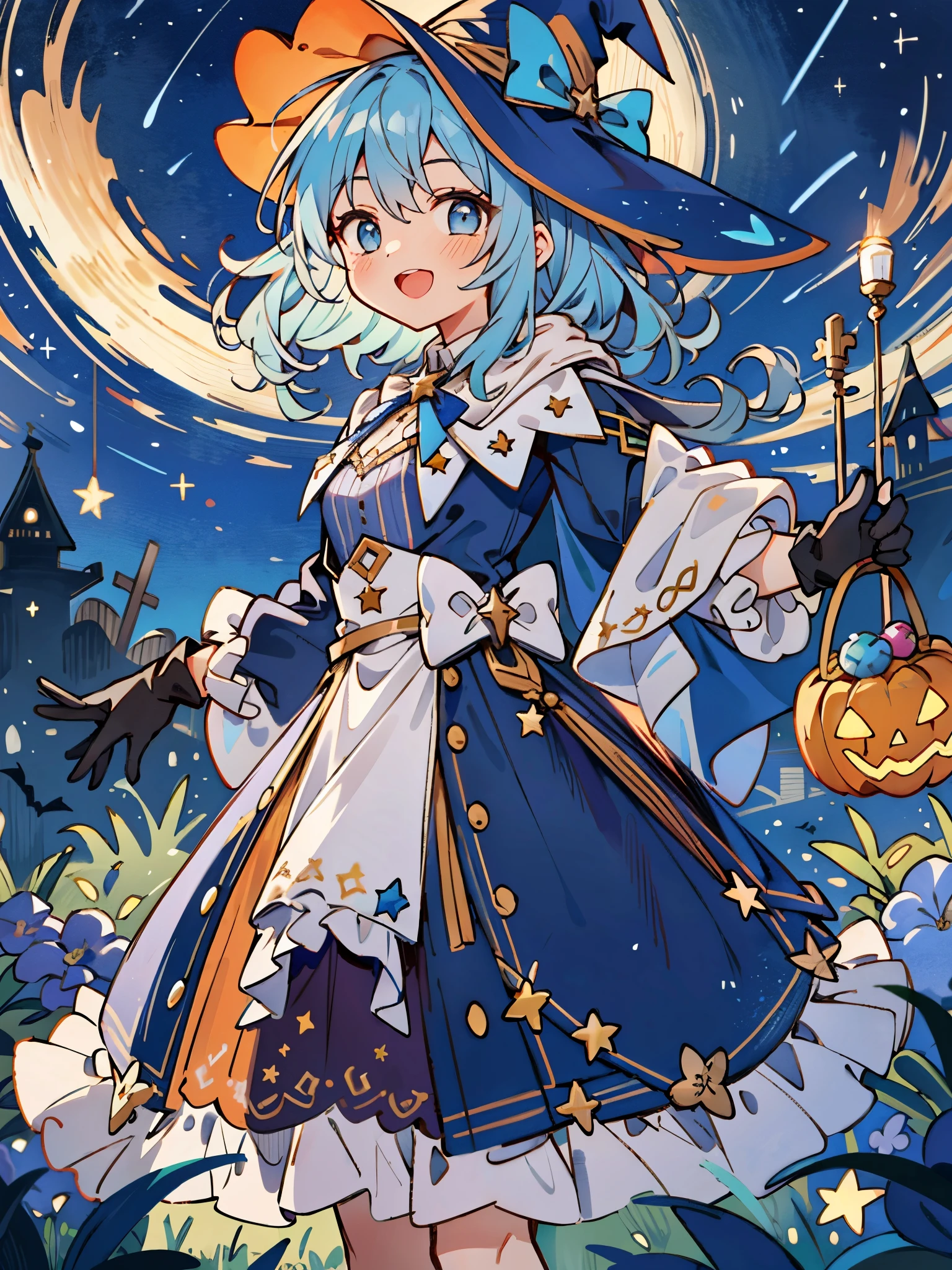 ((masterpiece:1.2, best quality)), 1girl, solo, (witch hat), a close up of a girl with curly hair, dress, aurora, night, star (sky), gloves, sky, dress, night sky, open mouth, starry sky, light blue eyes, ribbons, smile, cape, blue hair, magic, casting spell, night, (impressionism:1.4), alphonse mucha, Halloween colors, colorful candy