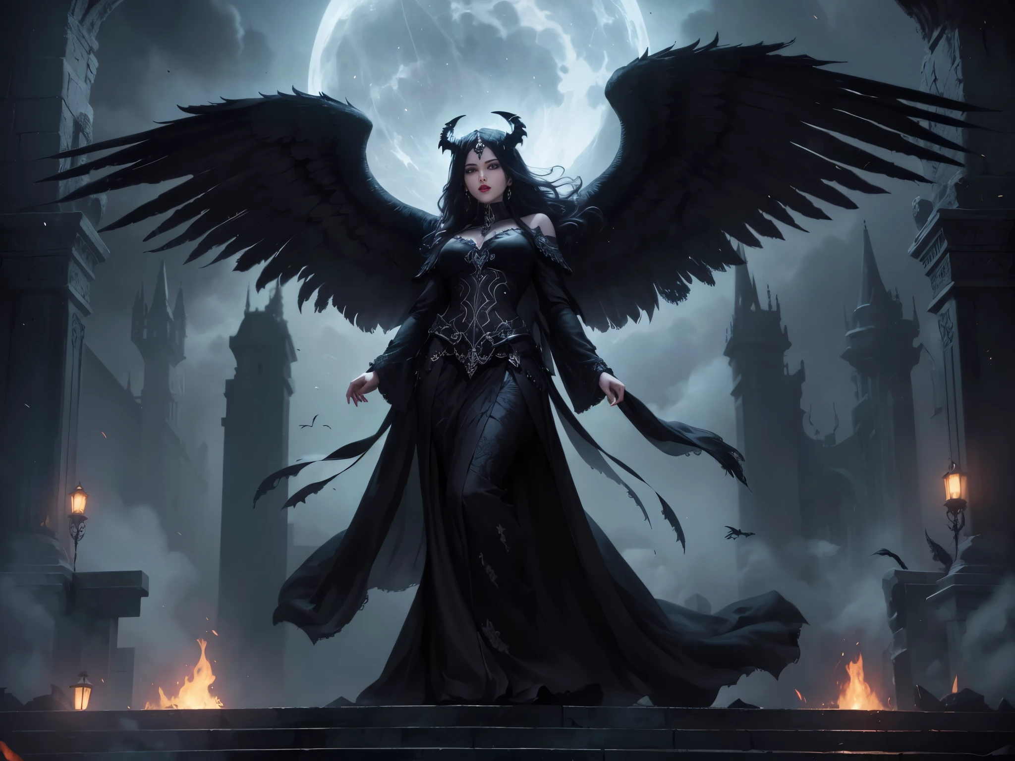 high quality, 8K Ultra HD, In the abyssal heart of enchantment, behold the ominous presence of the Dark Angel, crafted with audacious otherworldly finesse, Standing amidst the haunting shadows of a infernal castle, she is accompanied by a resplendent black creature, a mythical sentinel born from the very essence of nightmares, Its coat absorbs the eerie brilliance of spectral moonlight, embodying the darkness with an ethereal grace, With eyes reflecting the torment of epochs, ((red lips)), the celestial herald proudly stands by the Dark Angel's side, forging a haunting duo in the infernal tapestry, heir presence unfolds like a macabre symphony of ethereal radiance, the Dark Angel soaring with the bold grace of infernal majesty, by yukisakura, high detailed, (((wearing a black saree)))