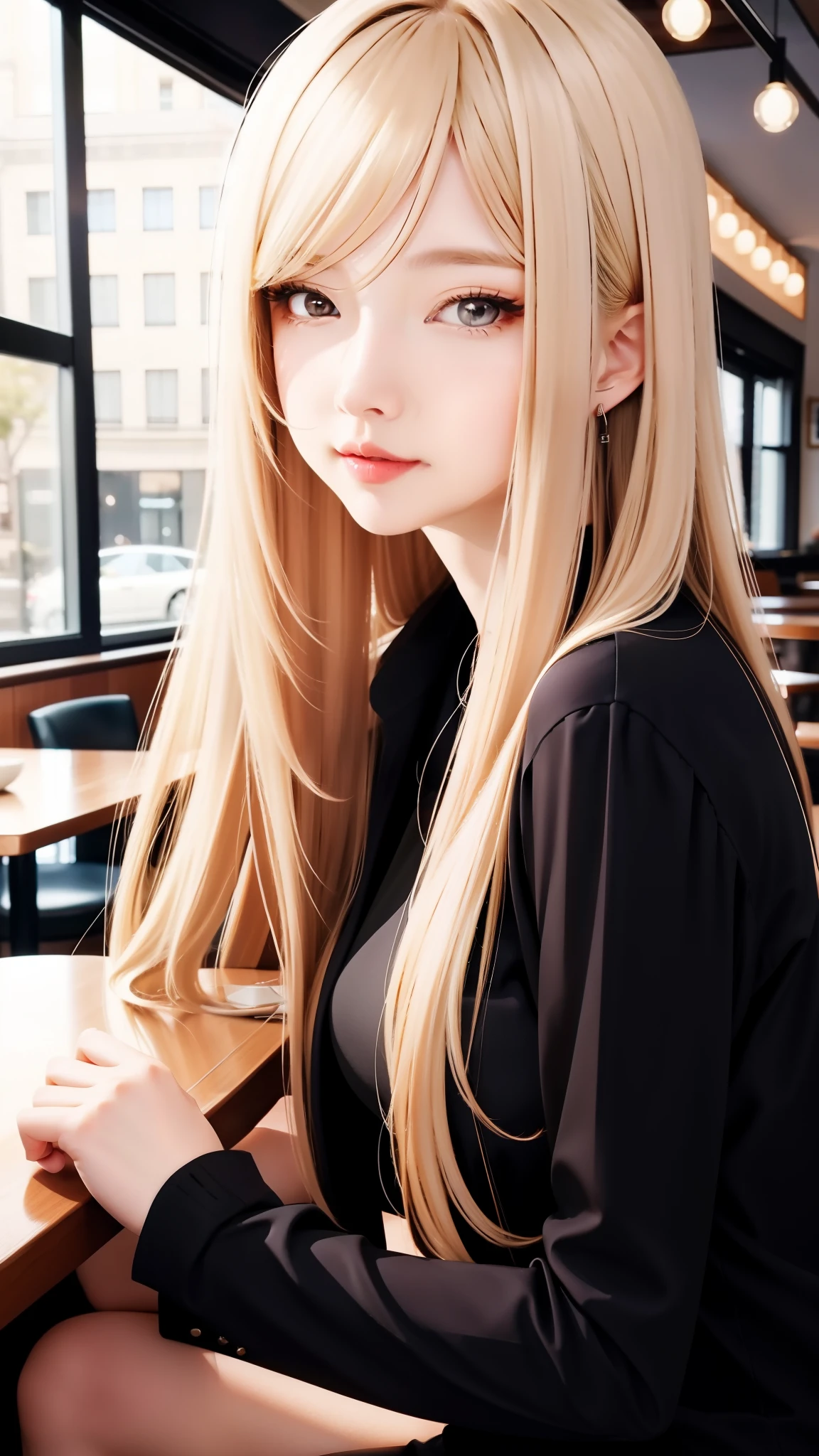 cool adult woman, nee-san type, long hair, swept-side bang, [[[brown hair]]], blonde hair, brown eyes, elegant posture, confident, sitting in cafe, fashionable clothes, illustration, ultra-detailed, highres, vivid colors, close-up portrait
