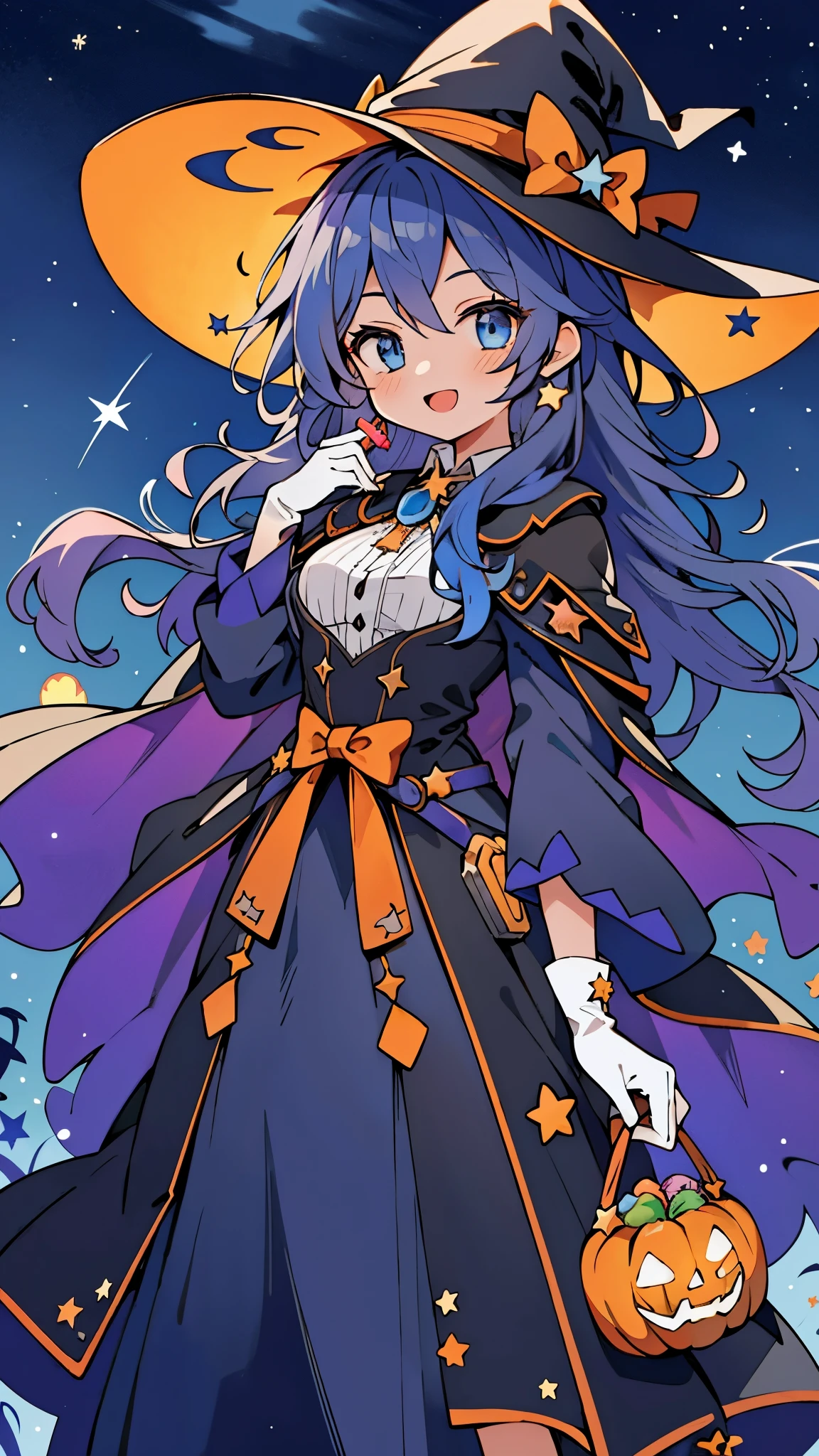 ((masterpiece:1.2, best quality)), 1girl, solo, (witch hat), a close up of a girl with curly hair, dress, aurora, night, star (sky), gloves, sky, dress, night sky, open mouth, starry sky, light blue eyes, ribbons, smile, cape, colorful hair, magic, casting spell, night, alphonse mucha, Halloween colors, colorful candy, magical lights, pumpkins, candies