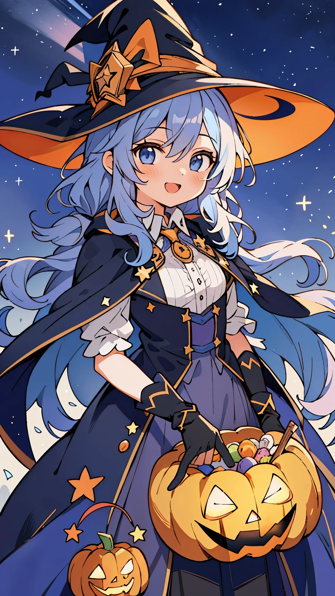 ((masterpiece:1.2, best quality)), 1girl, solo, (witch hat), a close up of a girl with curly hair, dress, aurora, night, star (sky), gloves, sky, dress, night sky, open mouth, starry sky, light blue eyes, ribbons, smile, cape, colorful hair, magic, casting spell, night, alphonse mucha, Halloween colors, colorful candy, magical lights, pumpkins, candies