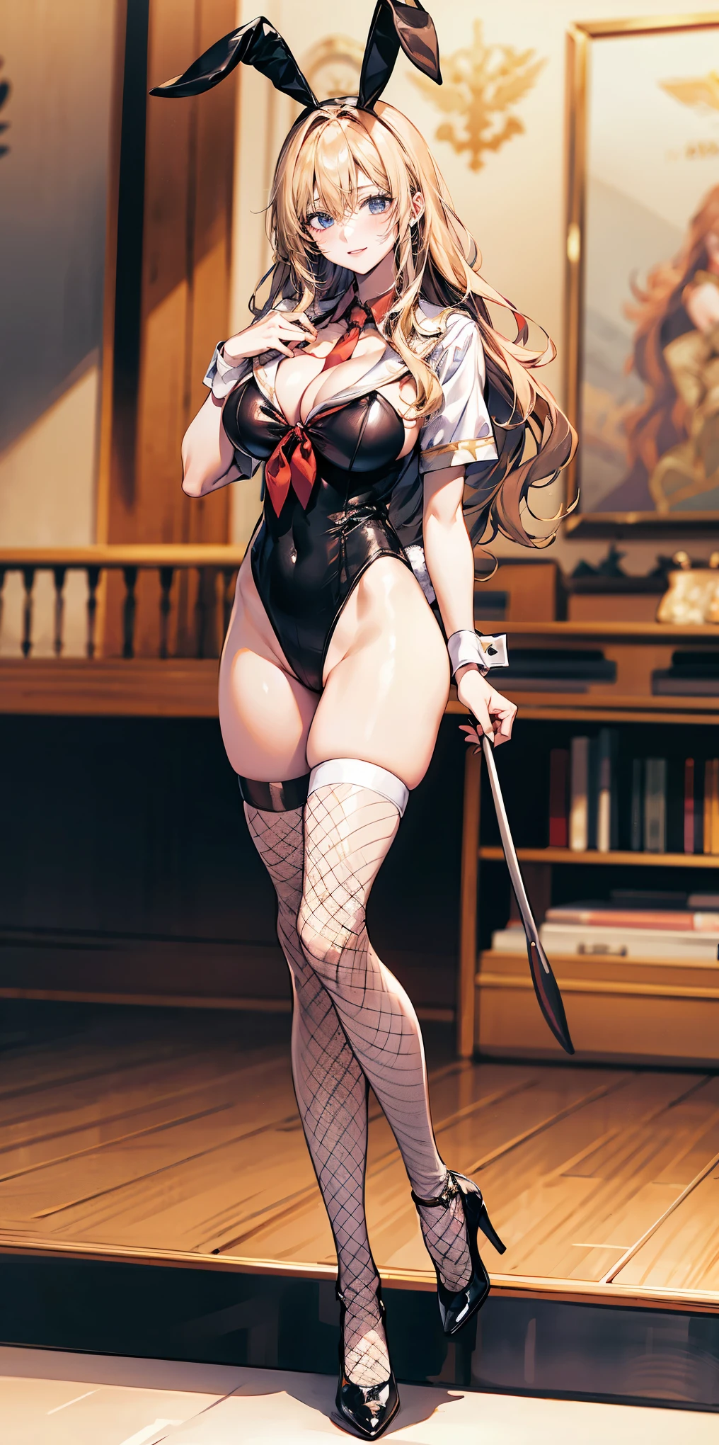 （（highest quality，8K，T Masterpiece：1.3）），Tits sharp focus：1.2，cute woman with perfect shape：1.4，（（（（（huge cleavage））），（ridiculously huge breasts：1.5），straight hair、Hair in the wind（huge hips），smile，slender abs：1.2，（（Beautiful golden hair，：1.4）），Highly detailed face and skin texture，detailed eyes，double eyelid、/ (wear white school uniform top over black playboy_bunny leotard:1.3), (sailor collar:1.2), (red tie:1.3), (fake animal ears), (Parted clothes at the top and bottom:1.2), (short sleeves:1.1), (black BunnyGirl Costume:0.8), (fishnet stockings:1.2), High heels, (rabbit_tail:1.2),
