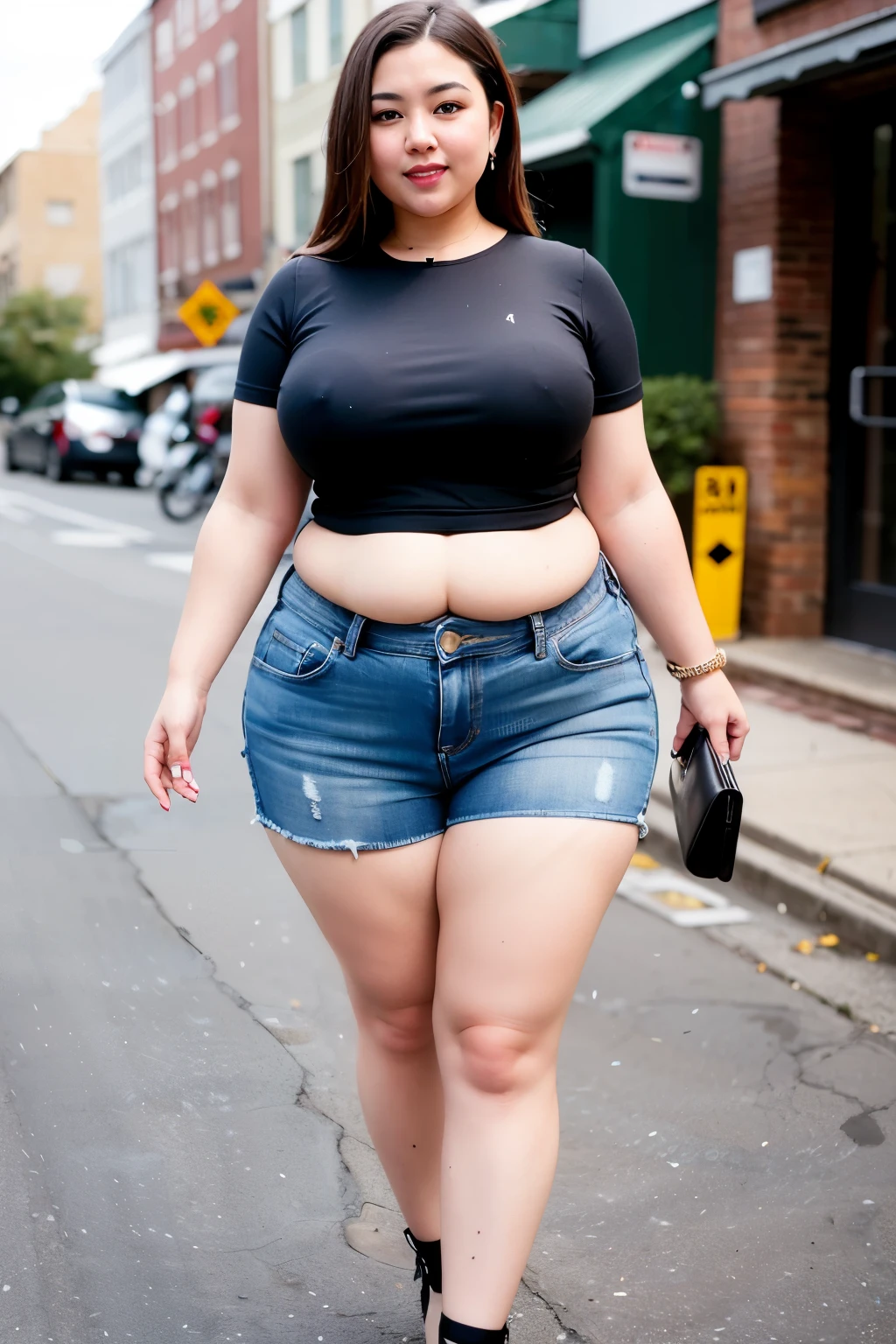 ((best quality)), ((masterpiece)), (detailed), perfect face, araffe woman in a dark-blue shirt and blue denim skirt walking down a street, thicc, she has a jiggly fat round belly, bbwchan, wearing tight simple clothes, skinny waist and thick hips, widest hips, her belly is fat and round, soft curvy shape, hyperrealistic full figure, wearing a cute top, wide hips