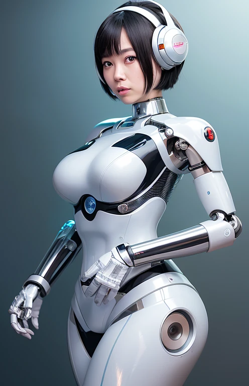(Muscular:1.8), (thick thighs:1.7), (wide hips:1.7), (large breasts:1.5), FEMALE, brown hair, long brown hair, (big smile:0), (cute slim cyborg from the future:1.6), looking at viewer, (three quarter view:1.1), upper body view, (blank background:1.5), dark lighting, detailed skin, detailed eyes, (dark skin:1.), (very thin waist:1.6), (huge round muscles:1.4), (bright blue eyes:1.6),