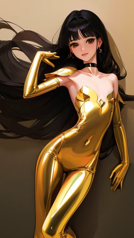 Gold Leotard Swimsuit、18year old、large full breasts、Leotard、Hands behind the head、gilded outfit、Brown-haired hair
