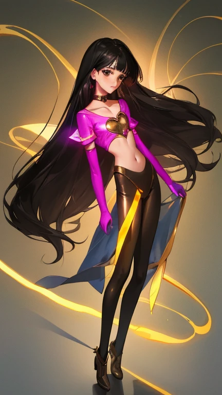 {{amazing quality, great quality, high quality, very aesthetic, aesthetic, best quality}}}}, 
realistic, photo, shadow, Three-dimensional, absurdres, Digital art, 
{{{{Magical girl}}}}, beautiful girl, one girl, 
black hair, long straight hair, hair, trimmed hair, shiny hair, blunt bangs, short sideburns, 
brown eyes, tareme, 
{{flat chest}}, {{small breasts}}, {{detailed body}}, slim thighs, thin thighs, {{{black full body tights}}}, {{{red chest}}}, {{red from chest up}}, {{{Visible chest}}}, gold elbow_gloves, gold boots, covered navel, both shoulders expose, heart-shaped choker on left arm, 