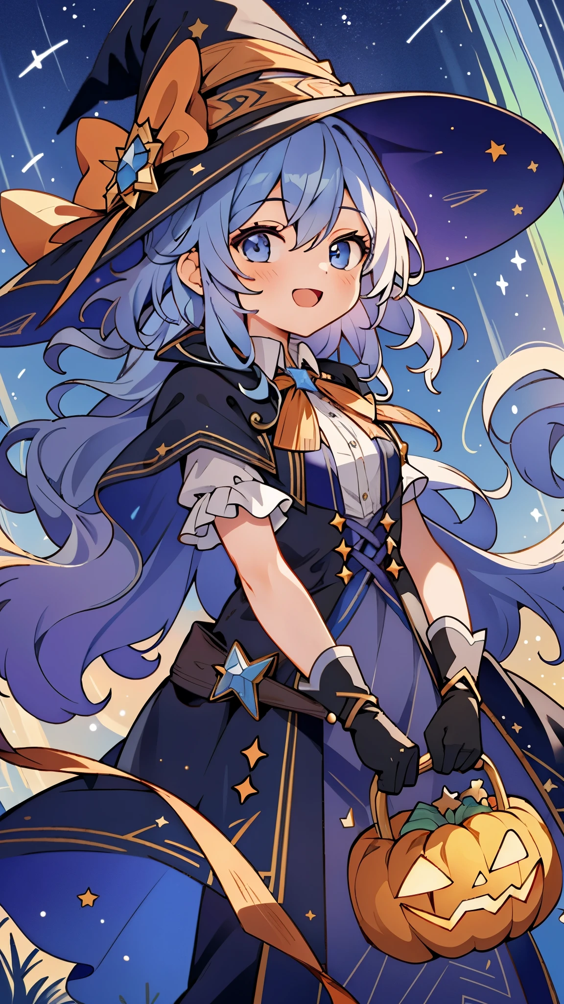((masterpiece:1.2, best quality)), 1girl, solo, (witch hat), a close up of a girl with curly hair, dress, aurora, night, star (sky), gloves, sky, dress, night sky, open mouth, starry sky, light blue eyes, ribbons, smile, cape, colorful hair, magic, casting spell, night, alphonse mucha, Halloween colors, colorful candy, magical lights, pumpkins, candies