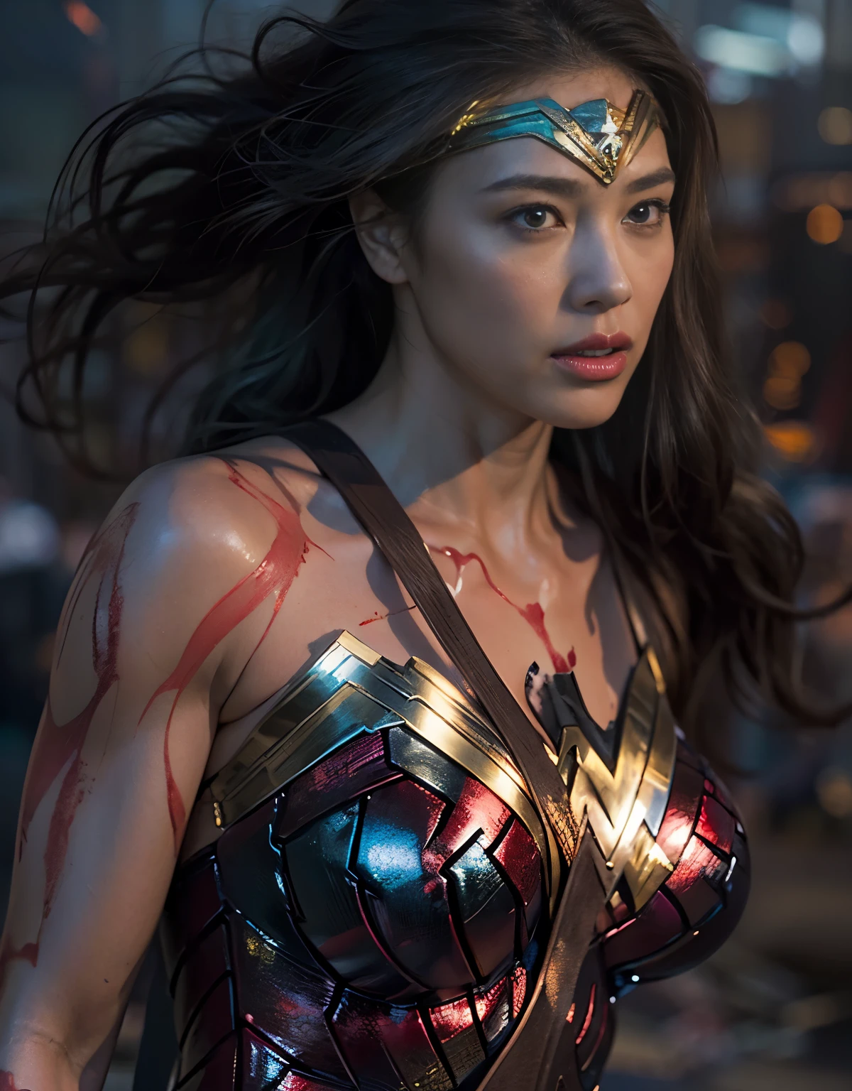 (wonder woman battle)、Wonder Woman Defeated,Wonder Woman Devastated,injured wonder woman,highest quality、masterpiece、Super high resolution、(Photoreal:1.4)、、robberyと戦うワンダーウーマン、（wear wonder woman costume）、glowing skin、(((dark fantasy)))、(robbery、Thugs、A fierce battle between the villain and Wonder Woman),（fight fiercely against aliens）、fight fiercely、(Background of decaying dungeon ruins)、(Wonder Woman and the fight against villains)、(Small LED)、((Super realistic details))、Portrait、(Strong giant demon beast background),global illumination、Shadow、octane rendering、8K、super sharp、big breasts、The bare skin of the cleavage is exposed、Metal、intricate decorative details、Japan details、very intricate details、realistic light、(Mystical expression),CG Society Trends、red eyes、shining eyes、towards the camera、neon details、、Small LED、two stock、（robberyの襲来）、（死闘でinjured wonder woman）、