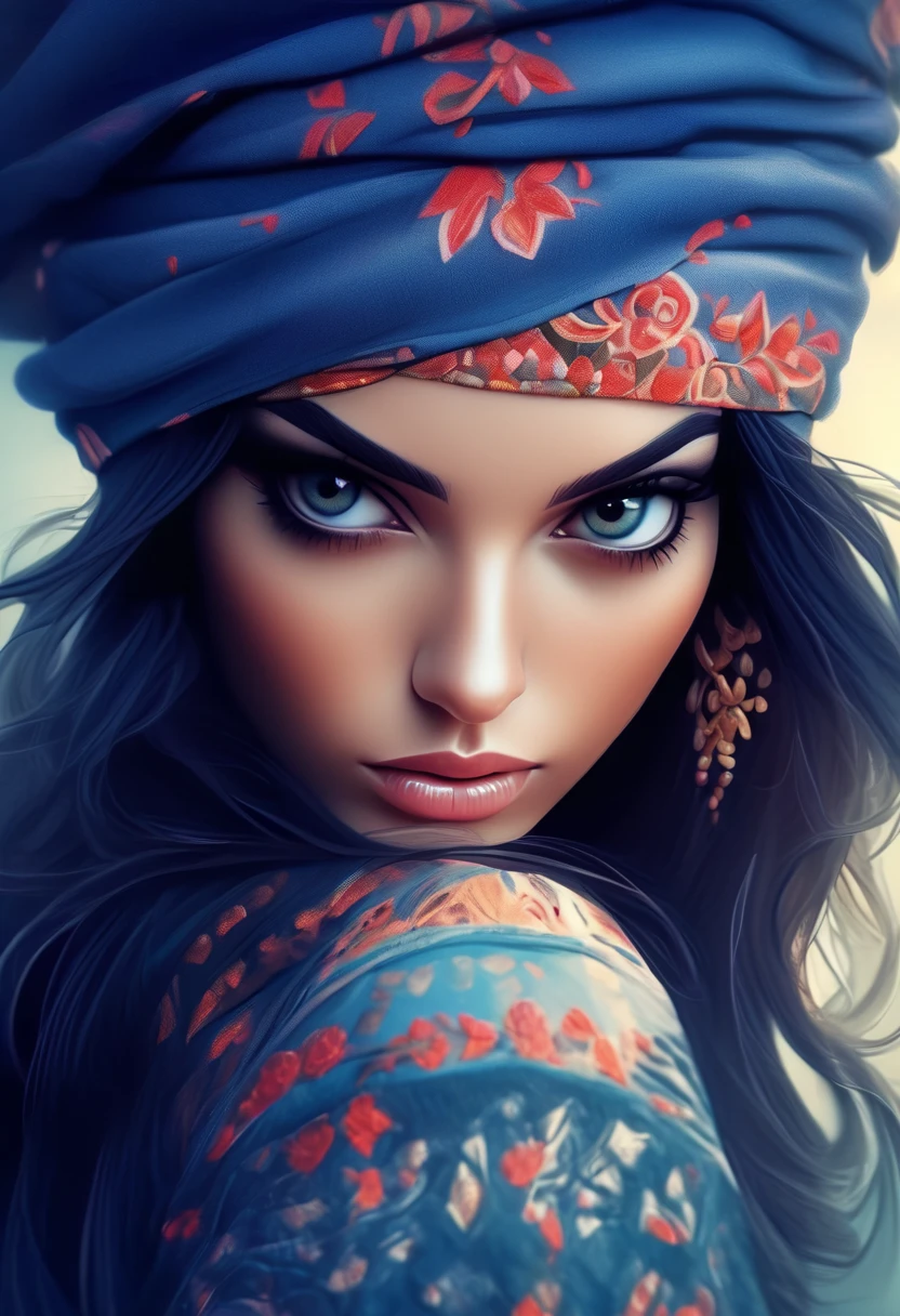 A portrait of a beautiful woman with long straight black hair and an embroidered navy bandana wrapped around her head., beautiful digital illustrations, Beautiful artwork illustration, amazing digital illustrations, beautiful digital artwork, Inspired by Anna Dittman, amazing digital art, exquisite digital illustration, In the style of Anna Dittmann, beautiful digital art, beautiful amazing digital art, very beautiful digital art, beautiful portrait