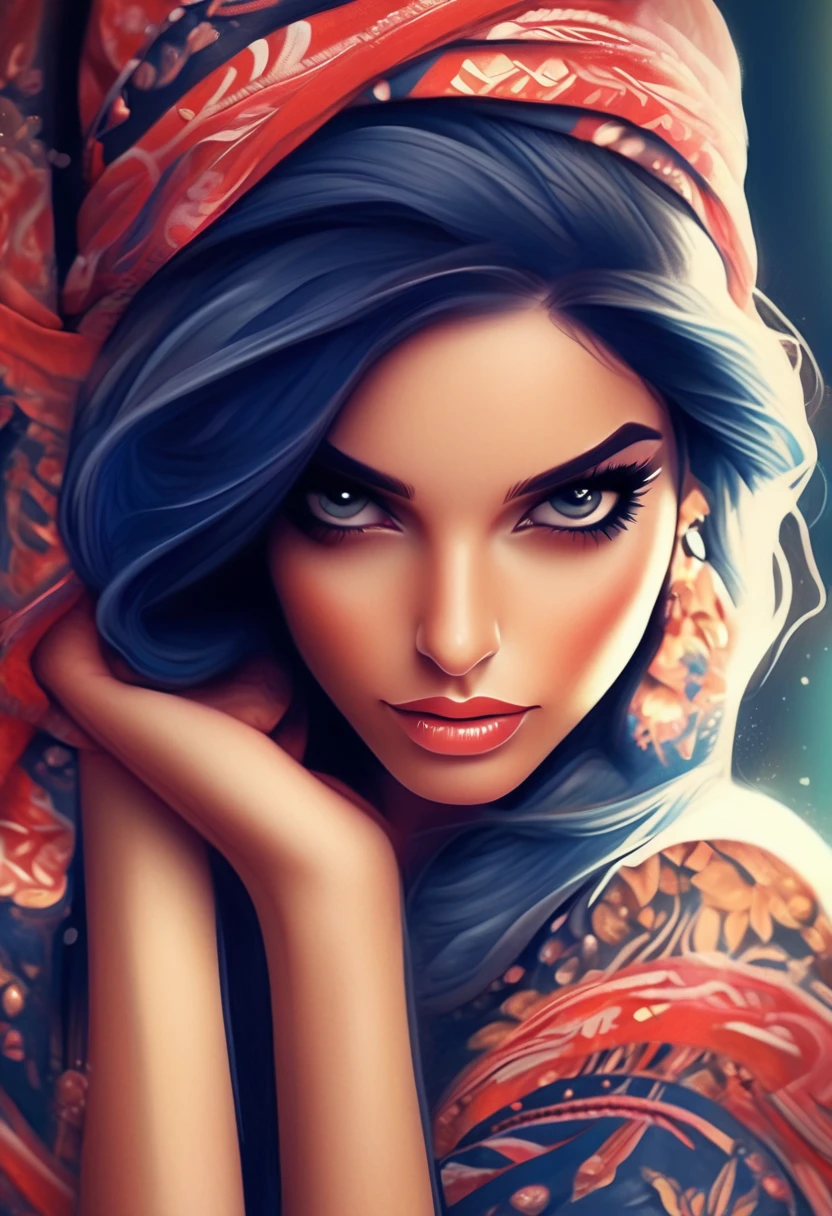 A portrait of a beautiful woman with long straight black hair and an embroidered navy bandana wrapped around her head., beautiful digital illustrations, Beautiful artwork illustration, amazing digital illustrations, beautiful digital artwork, Inspired by Anna Dittman, amazing digital art, exquisite digital illustration, In the style of Anna Dittmann, beautiful digital art, beautiful amazing digital art, very beautiful digital art, beautiful portrait