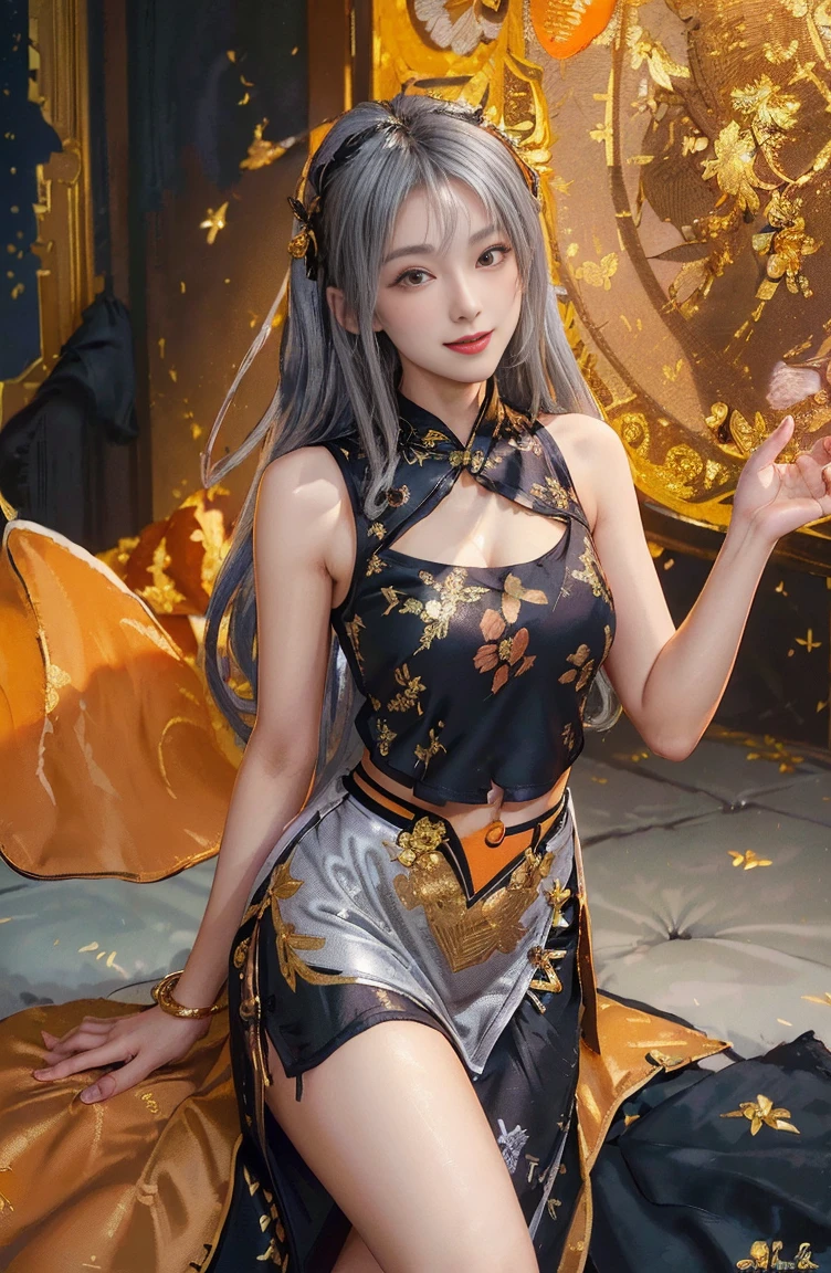 ((highest quality、8K、masterpiece:1.3)), (Cute pattern in gold leaf,  of black cloth, Cheongsam trimmed in orange:1.5), clear, fine-textured skin、beautiful clear eyes、cleavage、Carefree and natural smile、(long hair,silver hair:1.5)、(hair tousled by the wind:1.3)、、Beautiful girl with a smile、(thin waist:1.3)、(Dynamic and provocative poses:1.2)、