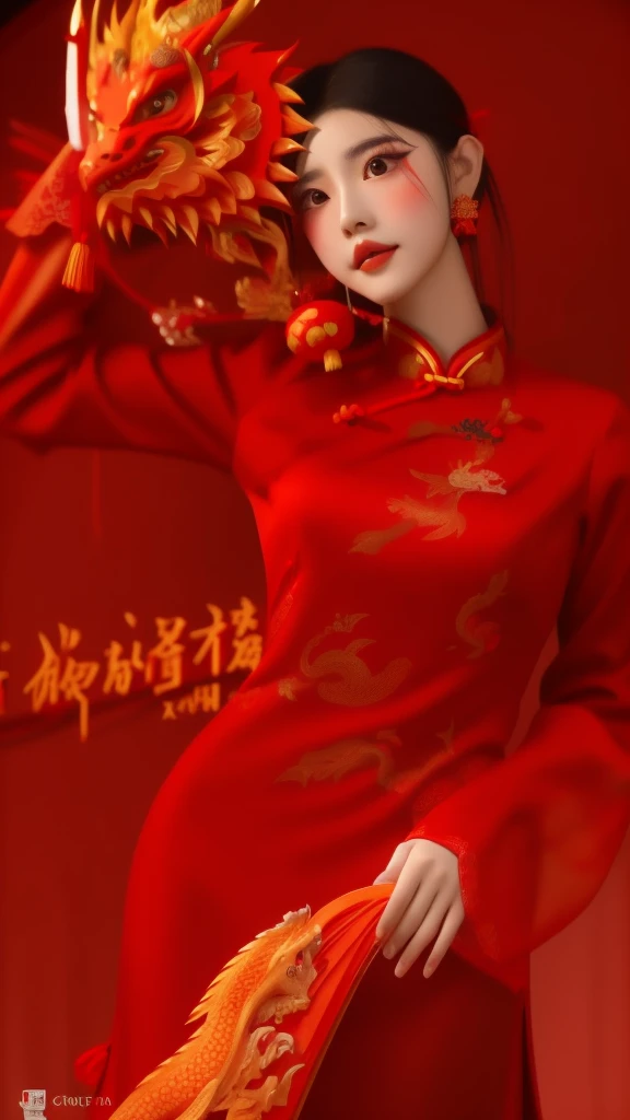 araffe dressed in a red outfit holding a fan and a red dragon, full body xianxia, trending on cgstation, trending at cgstation, wearing a red cheongsam, cai xukun, inspired by Pu Hua, inspired by Wang Meng, sha xi, zhongli from genshin impact, chinese costume, inspired by Gong Xian