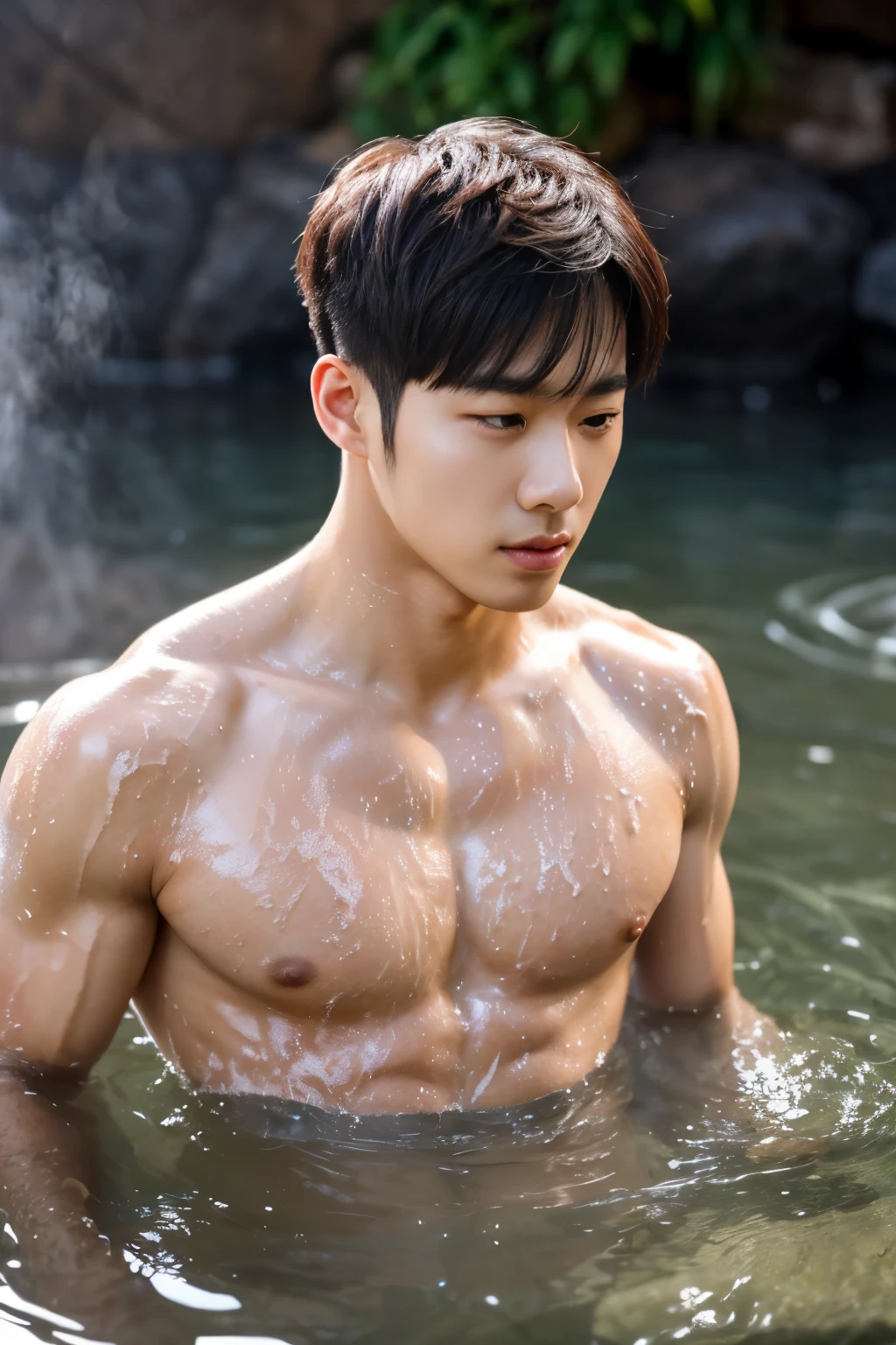 8k, super detail, accurate, best quality, 1boy, kpop idol, naked, completely, muscular, handsome, outdoor, bathing with steam, hot spring, onsen, sweat, look at viewer, depth of field, bokeh, detailed background, detailed lighting, diffused natural sunlight, diffused natural skin glow, symmetry eyes
