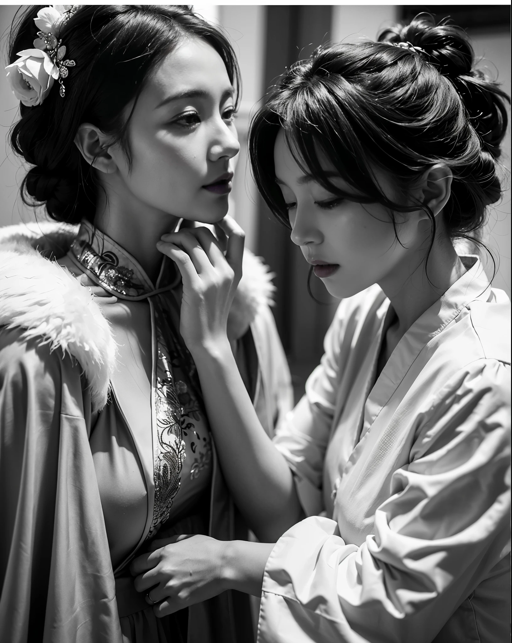 A woman wearing a white robe and another woman wearing a white dress are the main subjects of the artwork. The women are wearing traditional Chinese clothes, Especially Hanfu, Known for elegance and elegance. The woman in white robe represents the Queen of China, A woman wearing a white skirt represents a noble lady. Both are inspiRed by the beauty of Empress Dowager Cixi, powerful people in china.
The works are deeply influenced by traditional Chinese art and photography. The composition and style are inspiRed by the works of the famous Chinese painter Qiu Ying. Intricate details and delicate brushwork aim to capture the essence of traditional Chinese culture.
The color palette is rich and vibrant, Emphasis on traditional Chinese colors,For example, Red, Kaneko, and blue. These colors symbolize prosperity, fortune, and the nobility in Chinese culture. Use of soft furnishings, Warm lighting creates a warm and inviting atmosphere, Highlight women'beauty and elegance.
Ensure the highest quality and authenticity of artwork, it should be described as "(best quality, 4K, 8k, high resolution, masterpiece:1.2), super detailed, (actual, photoactual, photo-actual:1.37)". Details and authenticity should be emphasized, showcasing artists'skills and expertise.
Comprehensive, Tips should be concise and descriptive, Capture the essence of a scene,while incorporating the requiRed details.