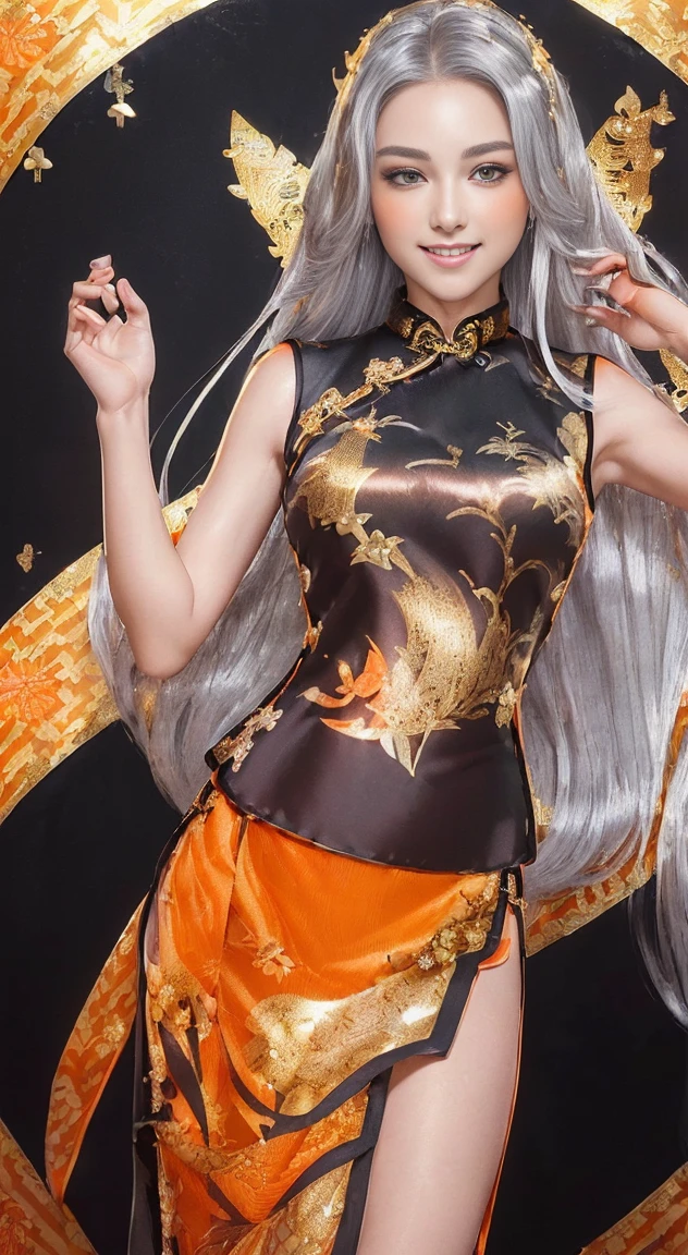 ((highest quality、8K、masterpiece:1.3)), (Cute pattern in gold leaf, of black cloth, Cheongsam trimmed in orange:1.5), clear, fine-textured skin、beautiful clear eyes、cleavage、Carefree and natural smile、(long hair,silver hair:1.5)、(hair tousled by the wind:1.3)、、Beautiful girl with a smile、(thin waist:1.3)、(Dynamic and provocative poses:1.2)、