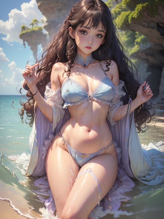 (muste piece, high quality, perfect face, beautiful face, ((plenty )), cleavage,(small breasts:1.2), perfect beautiful breasts, , skinny, 完璧なwomanのボディ, ((narrow waist, rich, High body, curly hair, bangs, Lilac eyes, horizon, mare, Blue sky, water play, real, Wave, , belly button, Wet, Wet体, thighs、thighs、((comb your hair))) look at the audience, blush))), (eye contact)、partially underwater shot、、photo background、ribbon、presentation、perfect skin、beautiful skin、soft skin、shiny skin、intricate details、create delicate patterns、最high quality) woman purple lace sexy lingerie figure