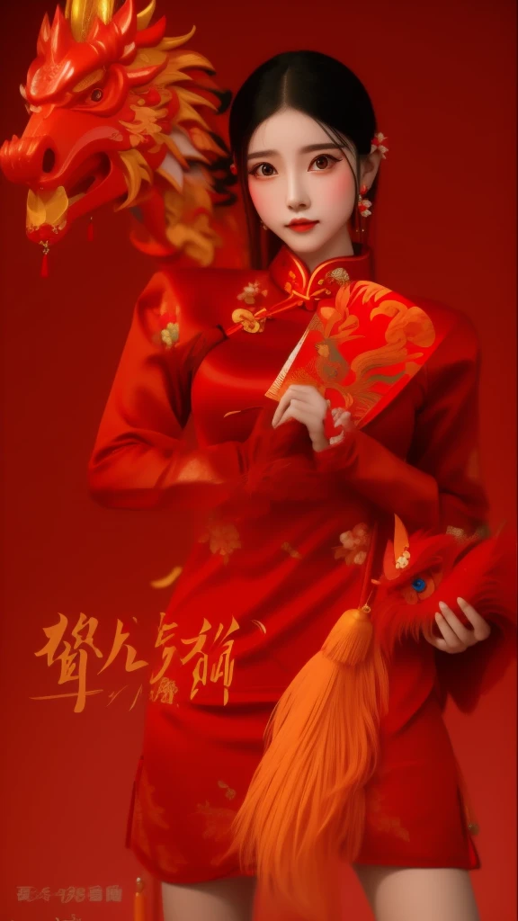 araffe dressed in a red outfit holding a fan and a red dragon, full body xianxia, trending on cgstation, trending at cgstation, wearing a red cheongsam, cai xukun, inspired by Pu Hua, inspired by Wang Meng, sha xi, zhongli from genshin impact, chinese costume, inspired by Gong Xian