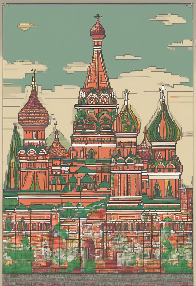 map of Moscow with the exaggeratedly large St. Basil's Cathedral with more domes and seen from afar