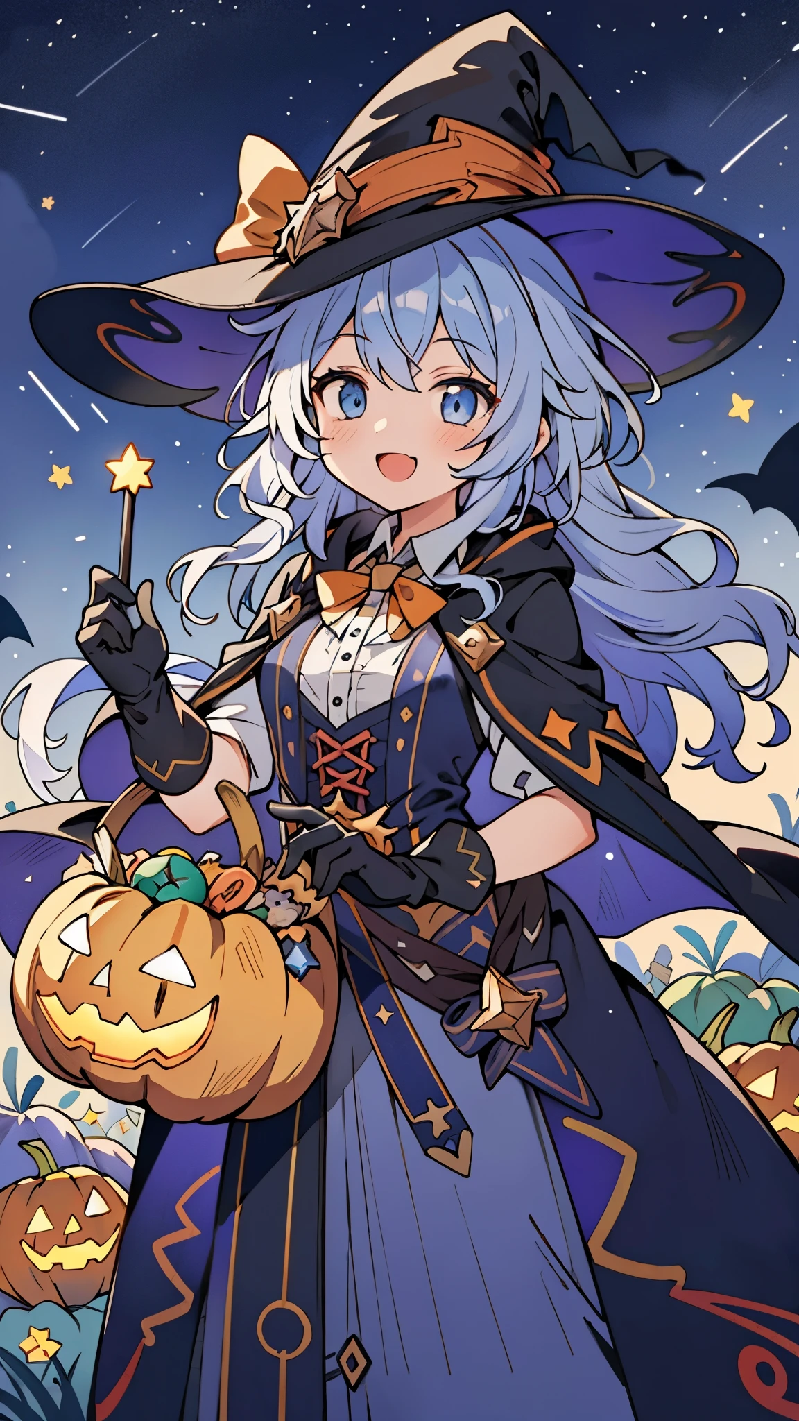 ((masterpiece:1.2, best quality)), 1girl, solo, (witch hat), a close up of a girl with curly hair, bright colorful dress, aurora, night, star (sky), gloves, sky, dress, night sky, open mouth, starry sky, light blue eyes, ribbons, smile, cape, colorful hair, magic, casting spell, night, alphonse mucha, Halloween colors, colorful candy, magical lights, pumpkins, candies
