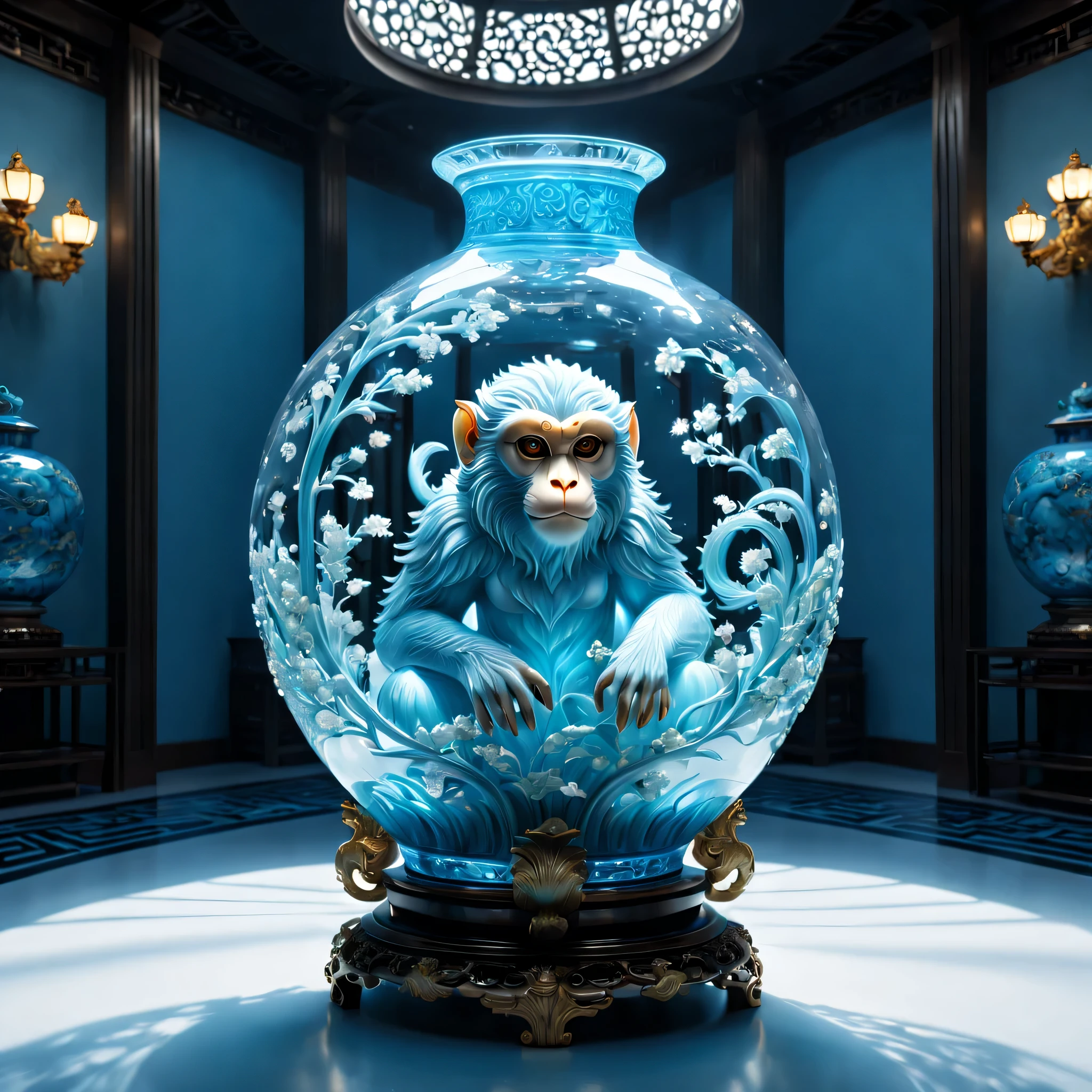 A dragon monkey is displayed in an empty room, RococoStyle, Crystal nuclei, Realistic light depiction, interesting and complex, light blue, hidden academia, World pattern,The body of the vase is illuminated by light, RococoStyle, futuristic elements, Crystal nuclei, Chinese iconography, swirl, light blue, giant money sculpture, Futuristic fantasy style, light blue, An intricate underwater world, Realistic light depiction, clear colors, Crystal nuclei, Light cyan and white, An intricate underwater world风格, Crystal nuclei, chinapunk, swirl, light blue, Glowing portrait, light box,(best quality,4K,8k,high resolution,masterpiece:1.2),super detailed,(actual,realistically,lifelike:1.37),extremely detailed glass vase,There is a monkey on it,super detailedscp神器可以,Complex and gorgeous anime CGI style,Exquisite renderings of the Tang Dynasty,Better than Paul and James Ginn,complex artwork. Guilty car rendering,Complex 8K rendering,8k vray rendering,rendering art,filled with glass. Computer Graphics Association,High quality rendering