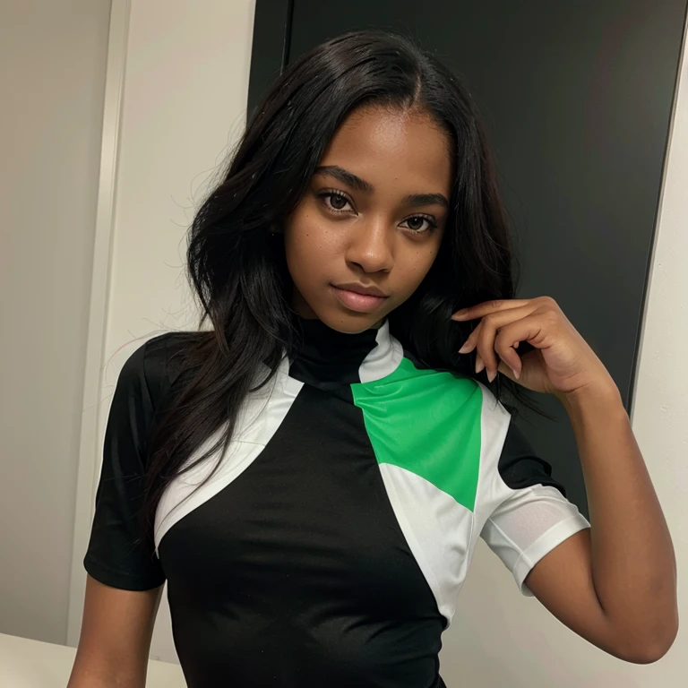 Very beautiful black teenager with green eyes in black lycra and white blouse
