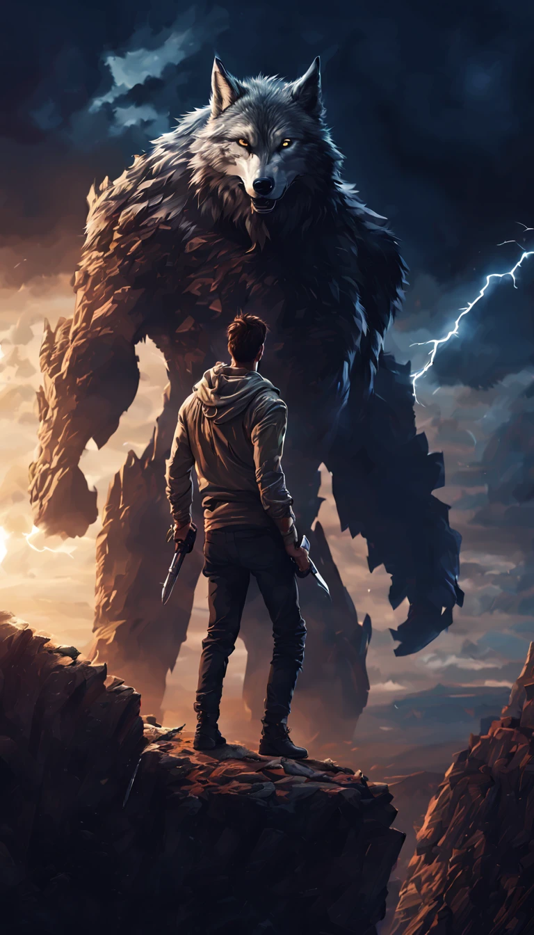 A wolf and a human hybrid creature, huge hammer in one of its hand, on top of a cliff looking towards the sky, (lighting strikes the creature providing energy: 1.2), night sky, rugged look, cinematic filter, awakening of a hero, long shot, masterpiece, ultra hd, hyper realistic, detailed information
