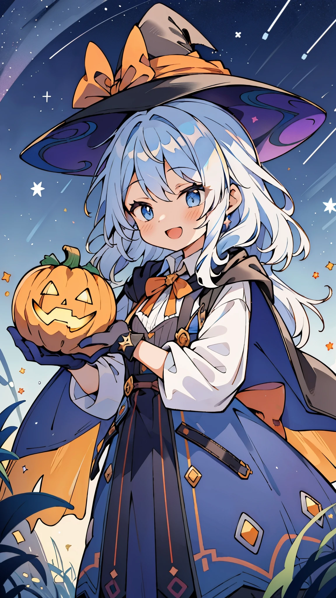 ((masterpiece:1.2, best quality)), 1girl, solo, (witch hat), a close up of a girl with curly hair, bright colorful dress, aurora, night, star (sky), gloves, sky, dress, night sky, open mouth, starry sky, light blue eyes, ribbons, smile, cape, colorful hair, magic, casting spell, night, alphonse mucha, Halloween colors, colorful candy, magical lights, pumpkins, candies