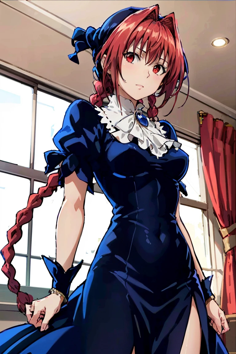 masterpiece, highest quality,High resolution,Dorothy, redhead,red eyes, have,dress,Braid, black dress, looking at the viewer,