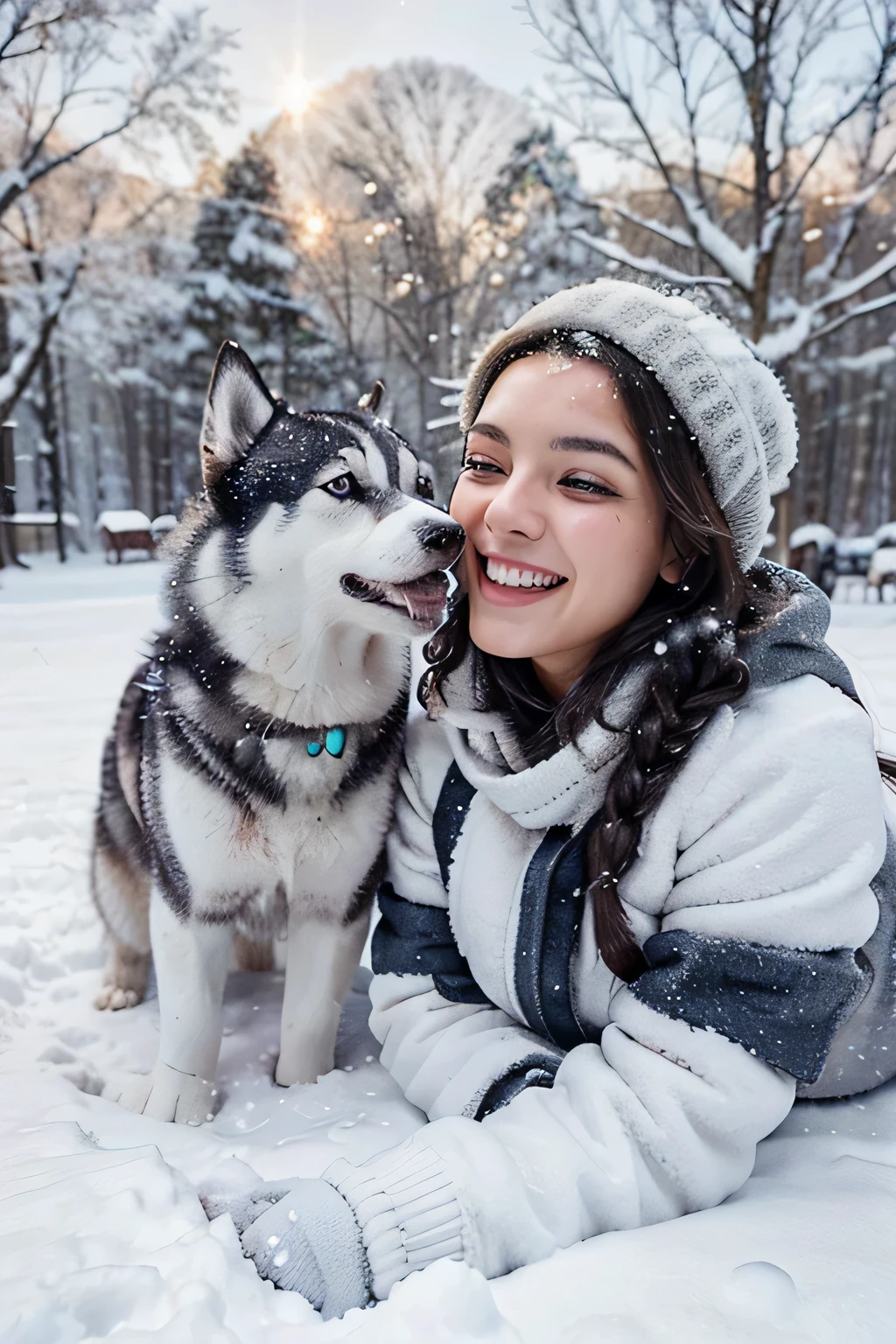 In a serene winter landscape, a beautiful girl with sparkling eyes finds joy in the company of her loyal husky dog. The soft snow blankets the ground as they play together, their laughter echoing through the crisp air. Capture the warmth of their connection and the beauty of the snowy scene in your words