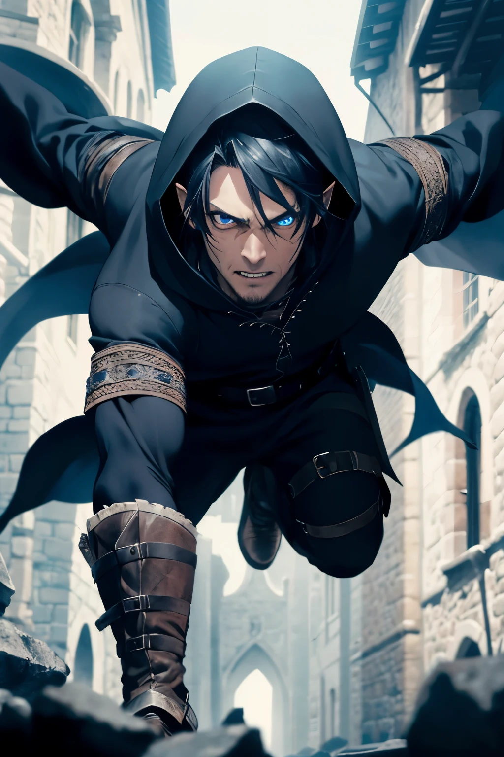 (extremely detailed 8k wallpaper), a medium shot of a fearful rogue, male, male focus, black hair, blue eyes, black clothing, hooded, medieval, intricate, high detail,