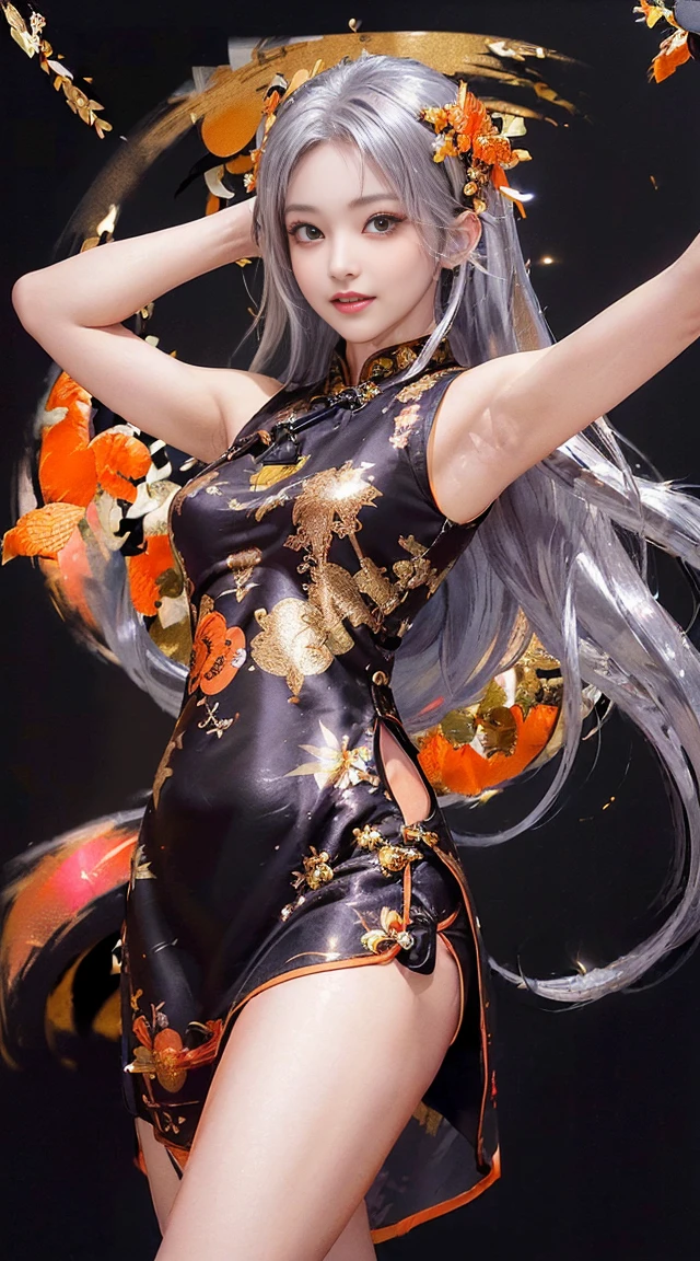 ((highest quality、8K、masterpiece:1.3)), (Cute pattern in gold leaf,  of black cloth, Cheongsam trimmed in orange:1.5), clear, fine-textured skin、beautiful clear eyes、cleavage、Carefree and natural smile、(long hair,silver hair:1.5)、(hair tousled by the wind:1.3)、、Beautiful girl with a smile、(thin waist:1.3)、(Dynamic and provocative poses:1.2)、